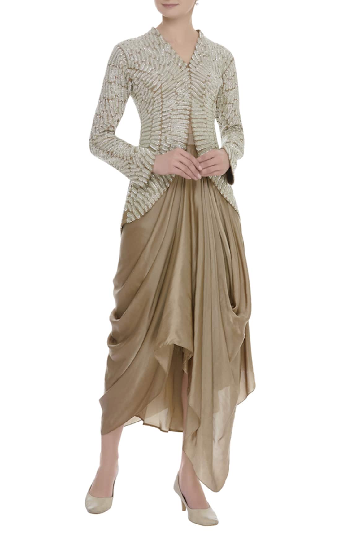 COUTURE BY NIHARIKA Feather embroidered jacket and draped skirt