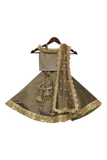 FAYON KIDS Olive Green Sequin Work Lehenga Set 