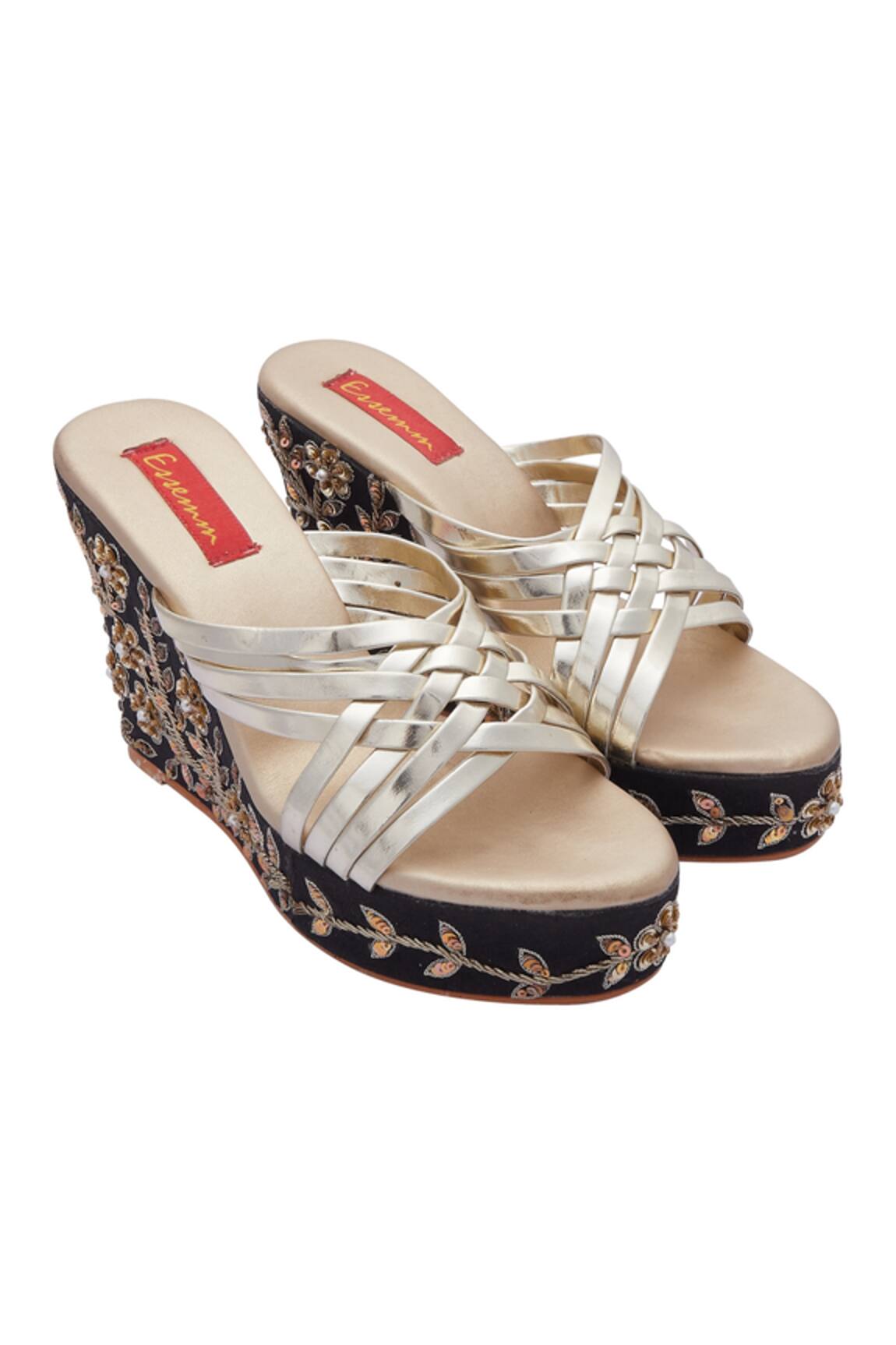 Essemm Embroidered Criss Cross Wedge Sandals
