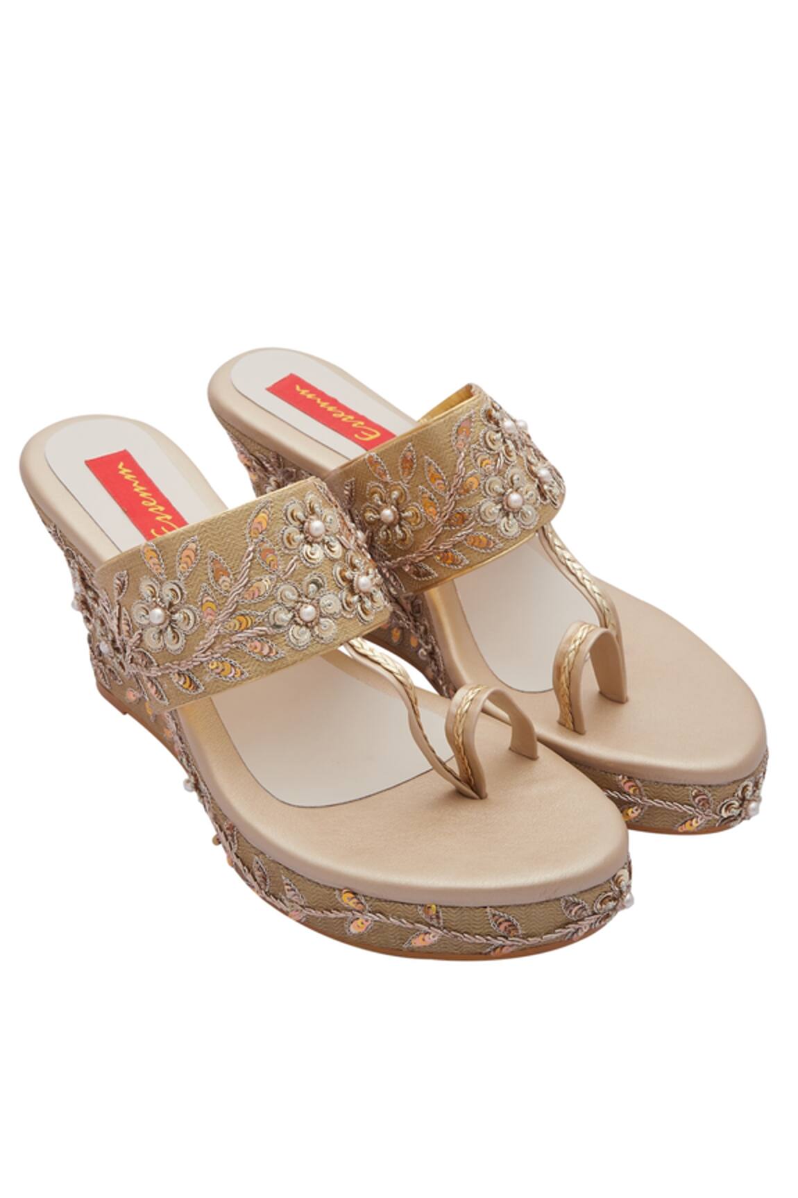 Essemm Embroidered Open Toe Wedges