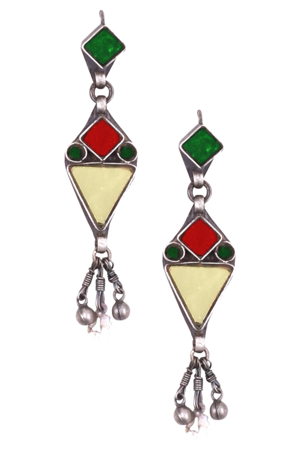 Sangeeta Boochra Geometric Silver Danglers with Bead Details 