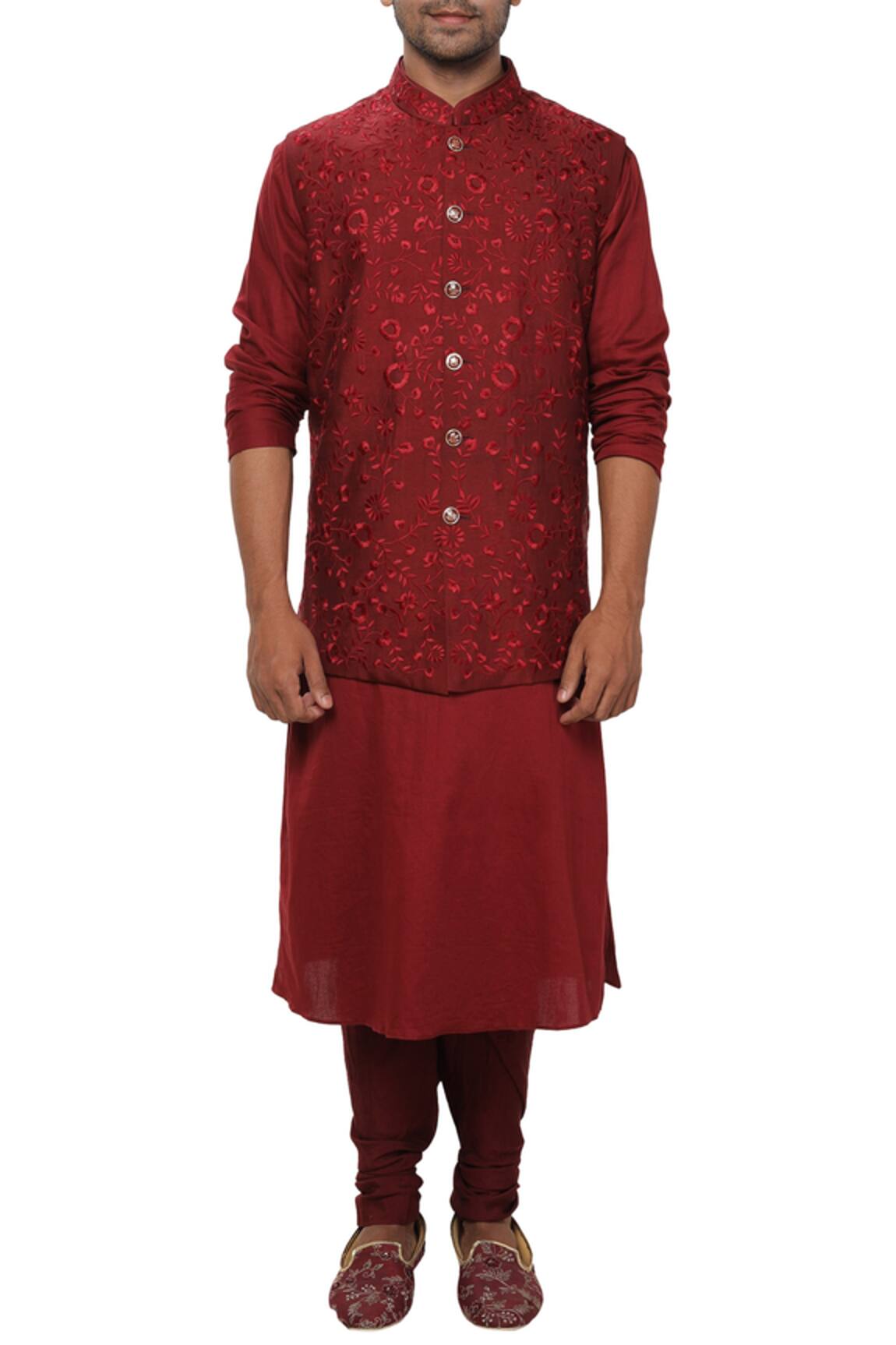 Smriti By Anju Agarwal Cotton Silk Embroidered Bundi & Kurta Set