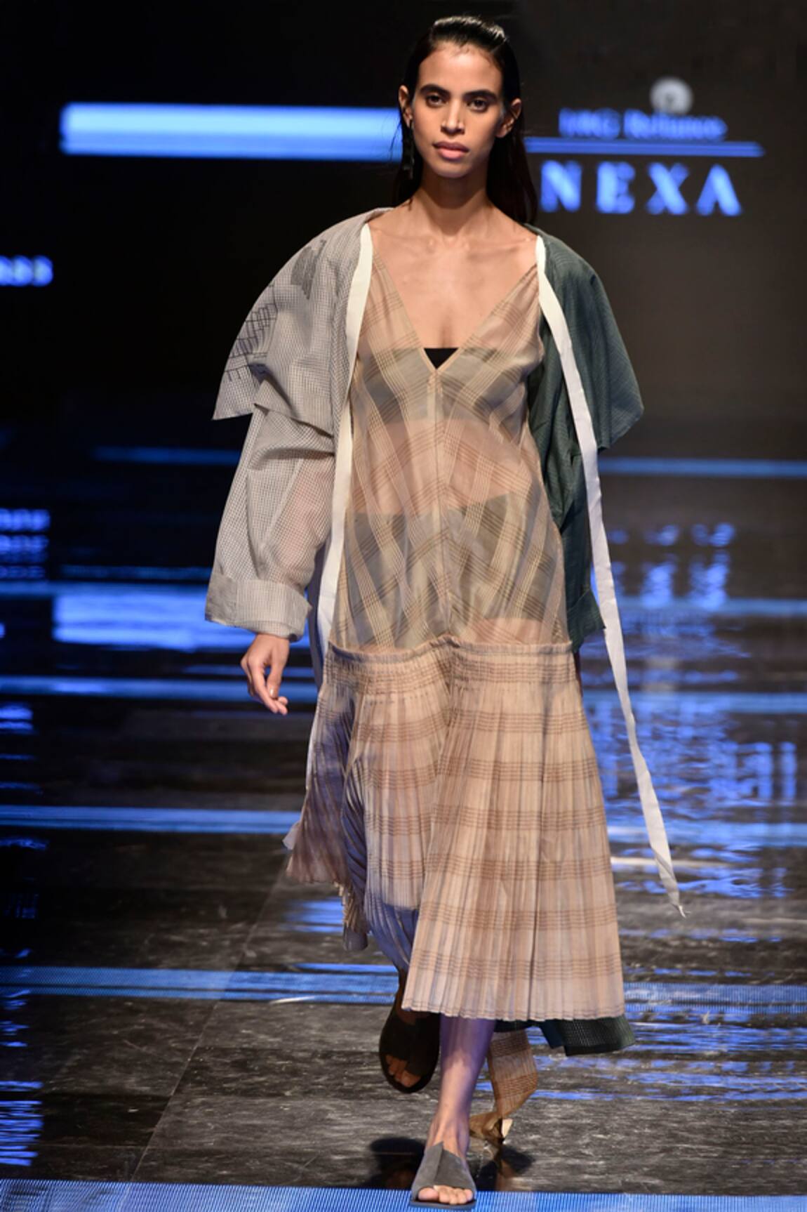 Urvashi Kaur Checkered Pleated V Neck Slip Dress