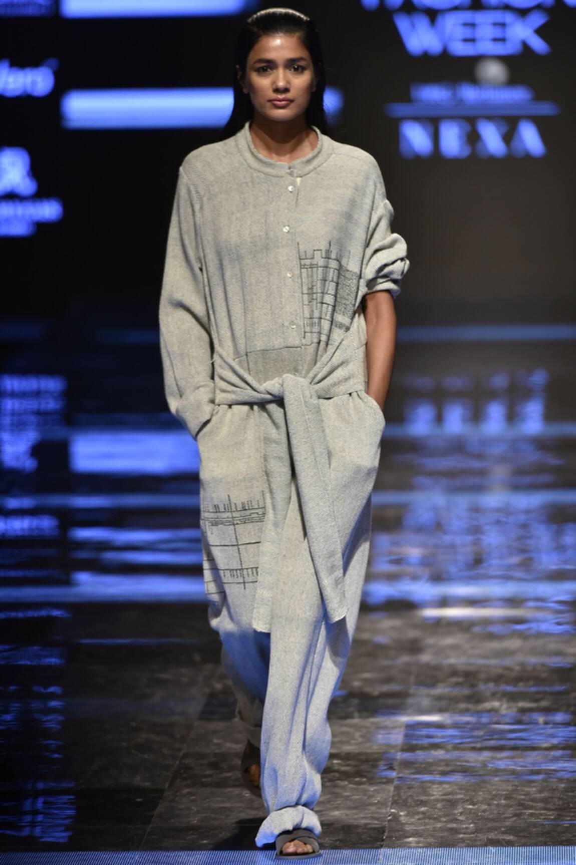 Urvashi Kaur Herringbone Textured Band Collar Jumpsuit 