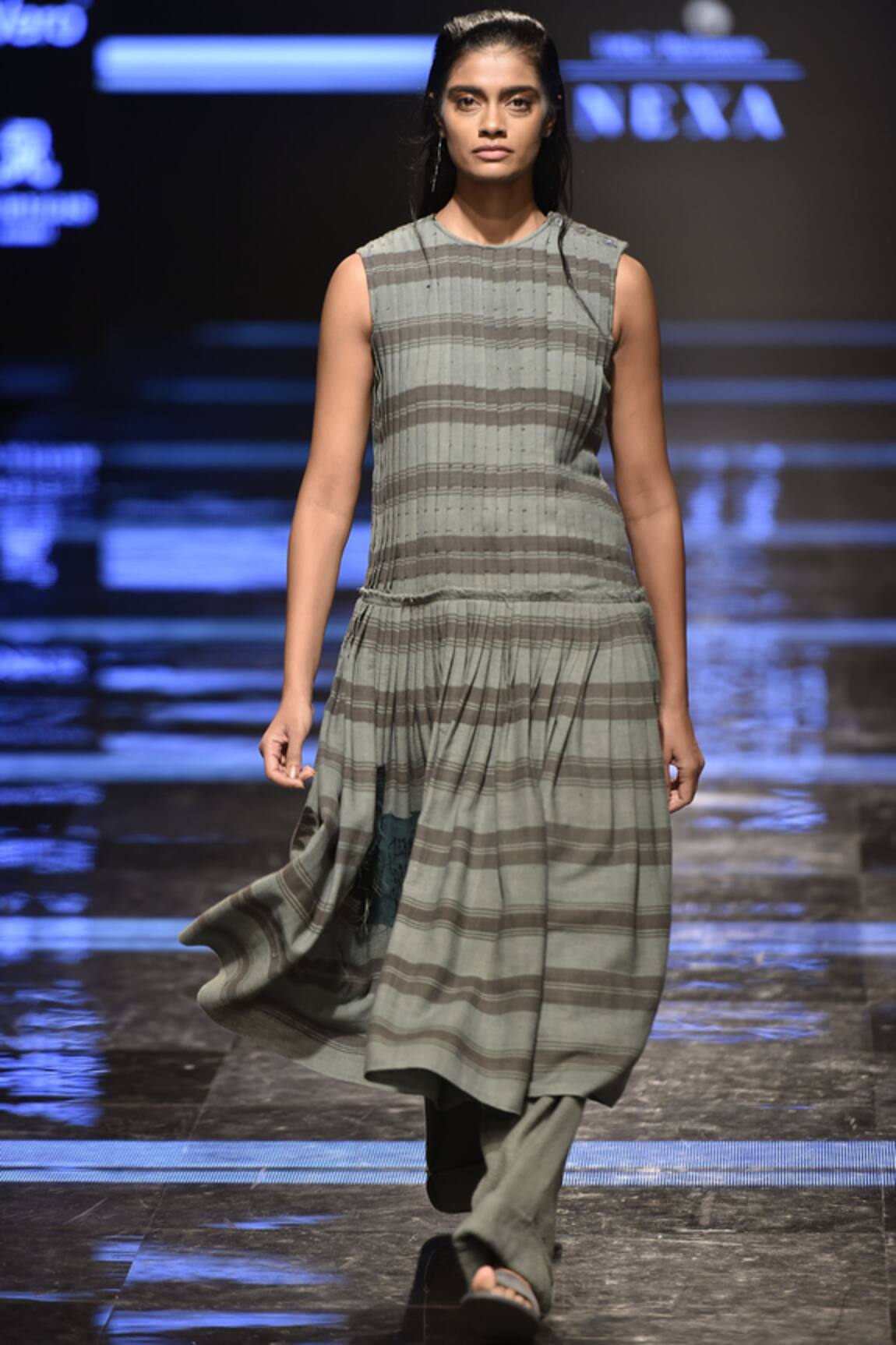 Urvashi Kaur Striped Pleated Drop Waist Midi Dress 