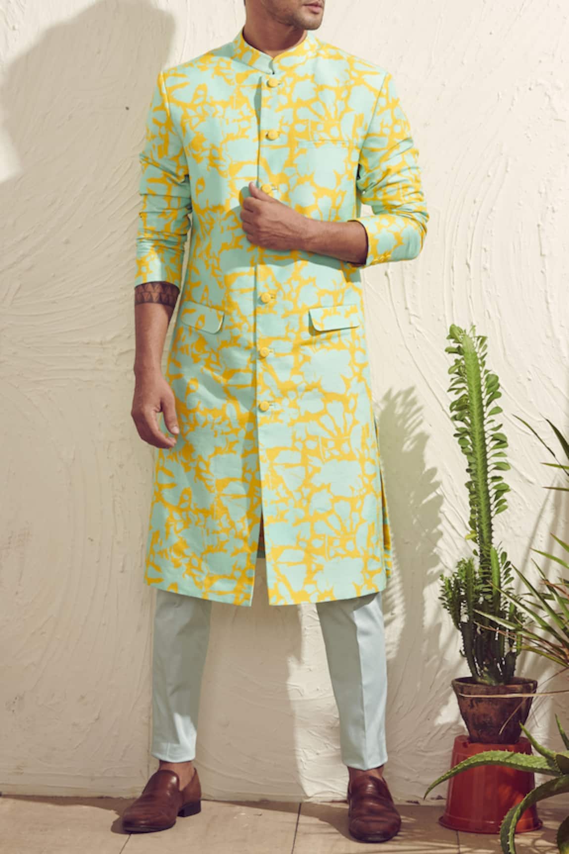 Dev R Nil Silk Printed Sherwani