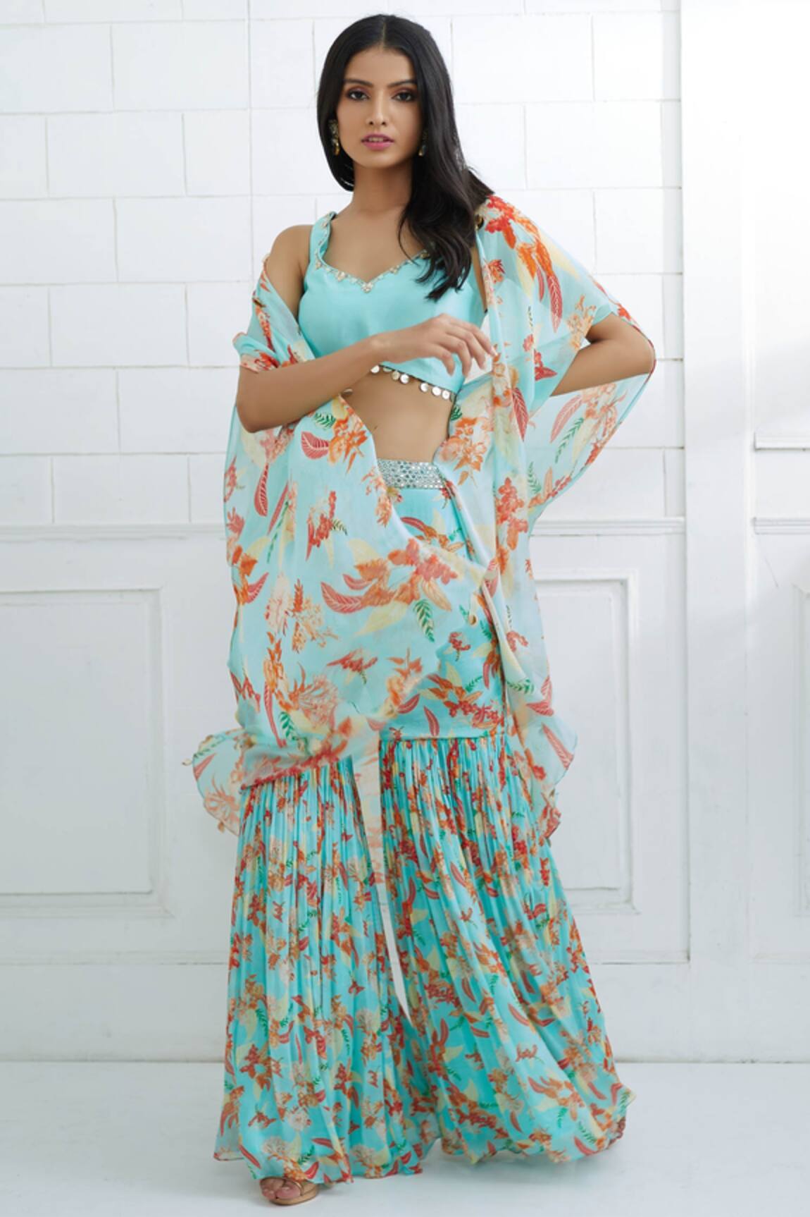 Mandira Wirk - Indian Printed Cape Sharara Set