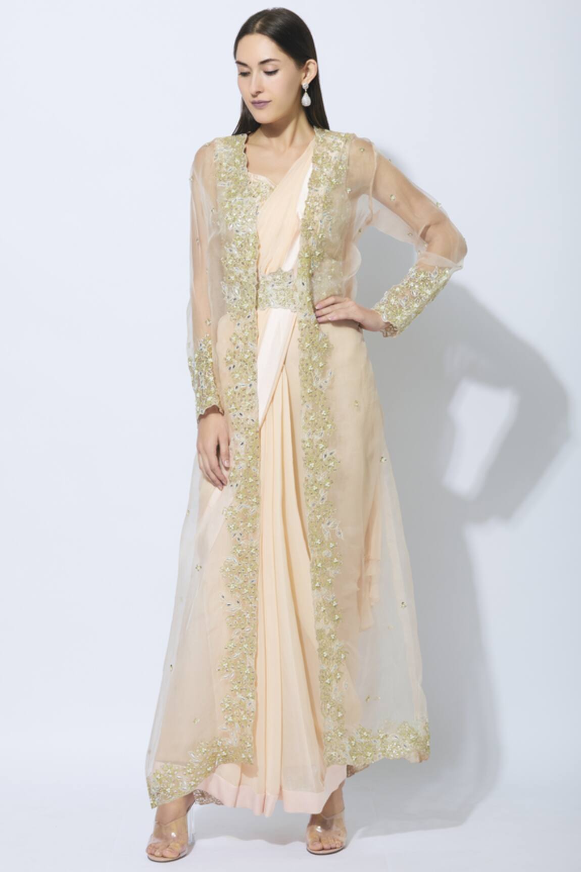 Nidhika Shekhar Pre-draped Embroidered Saree Set 