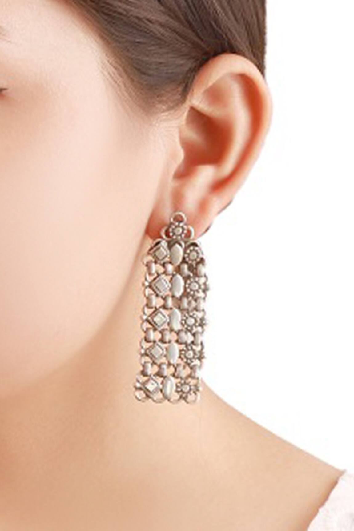 Sangeeta Boochra Oxidized Carved Long Earrings 