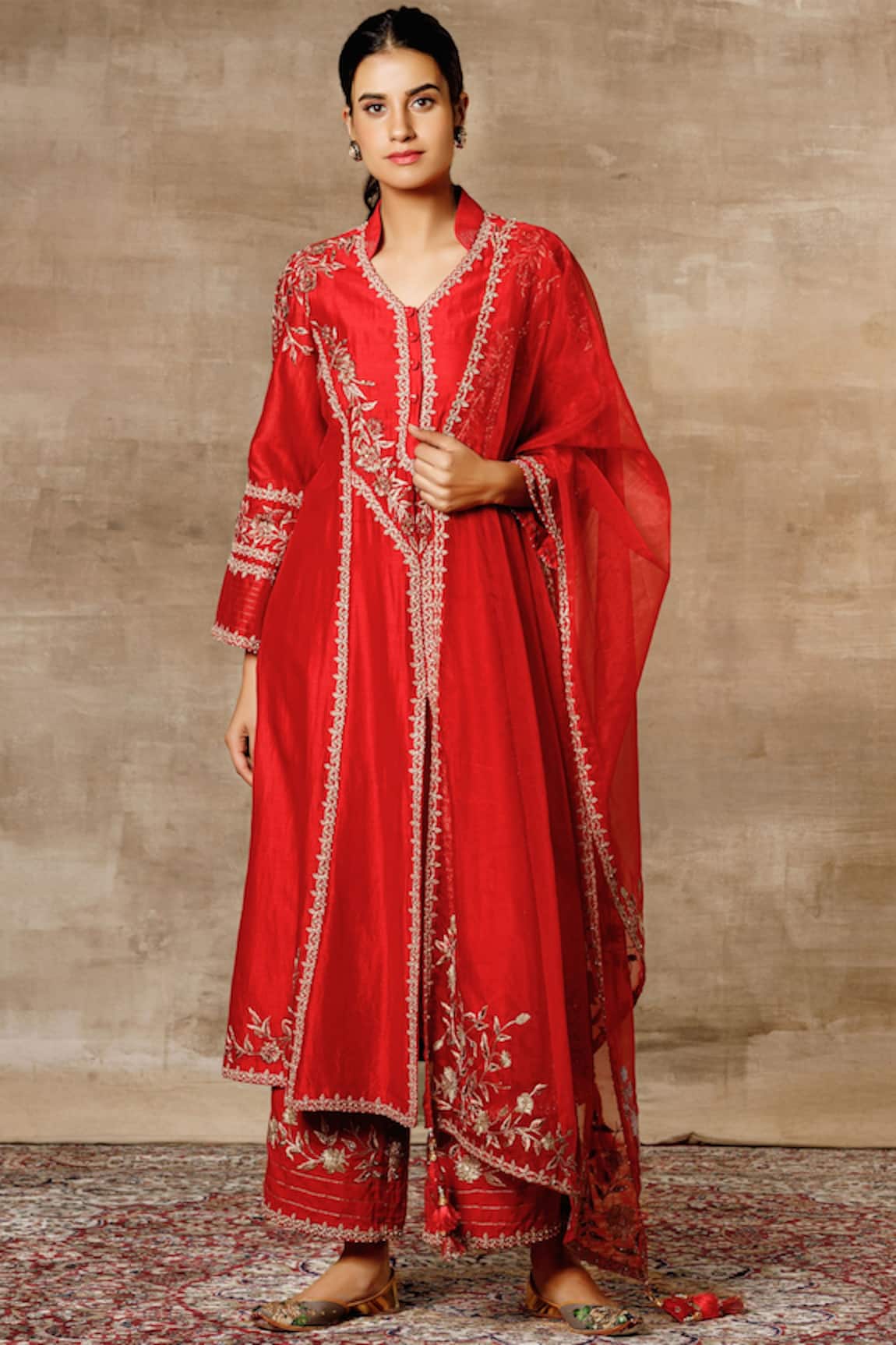 Ajiesh Oberoi Chanderi Embroidered Kurta Palazzo Set