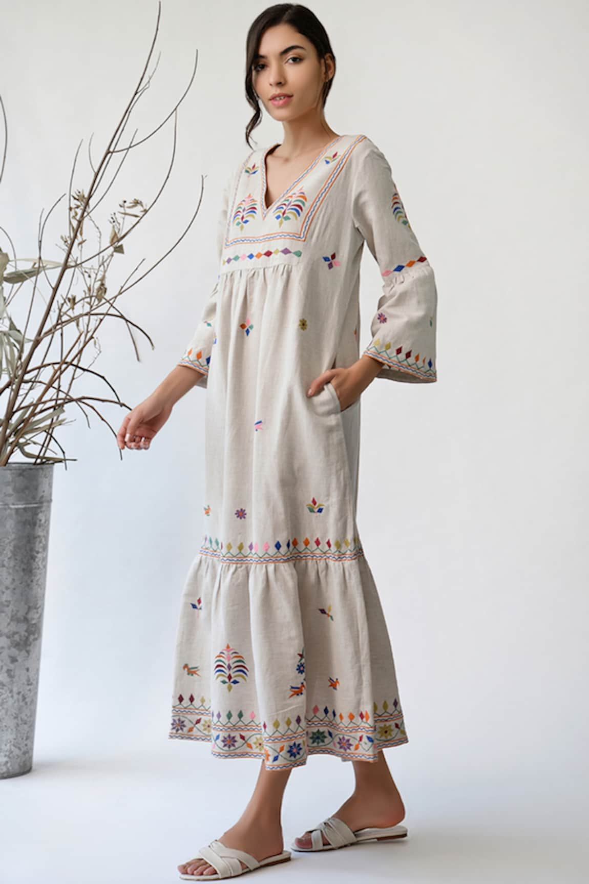 Umbar Cotton Linen Embroidered Dress