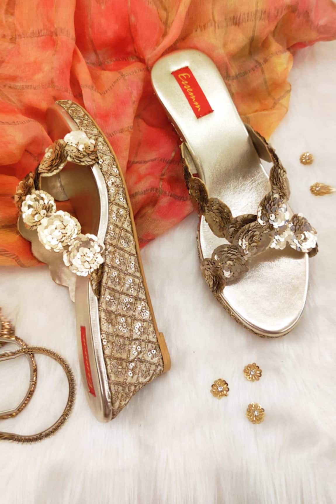 Essemm Cross Strap Floral Embroidered Wedges