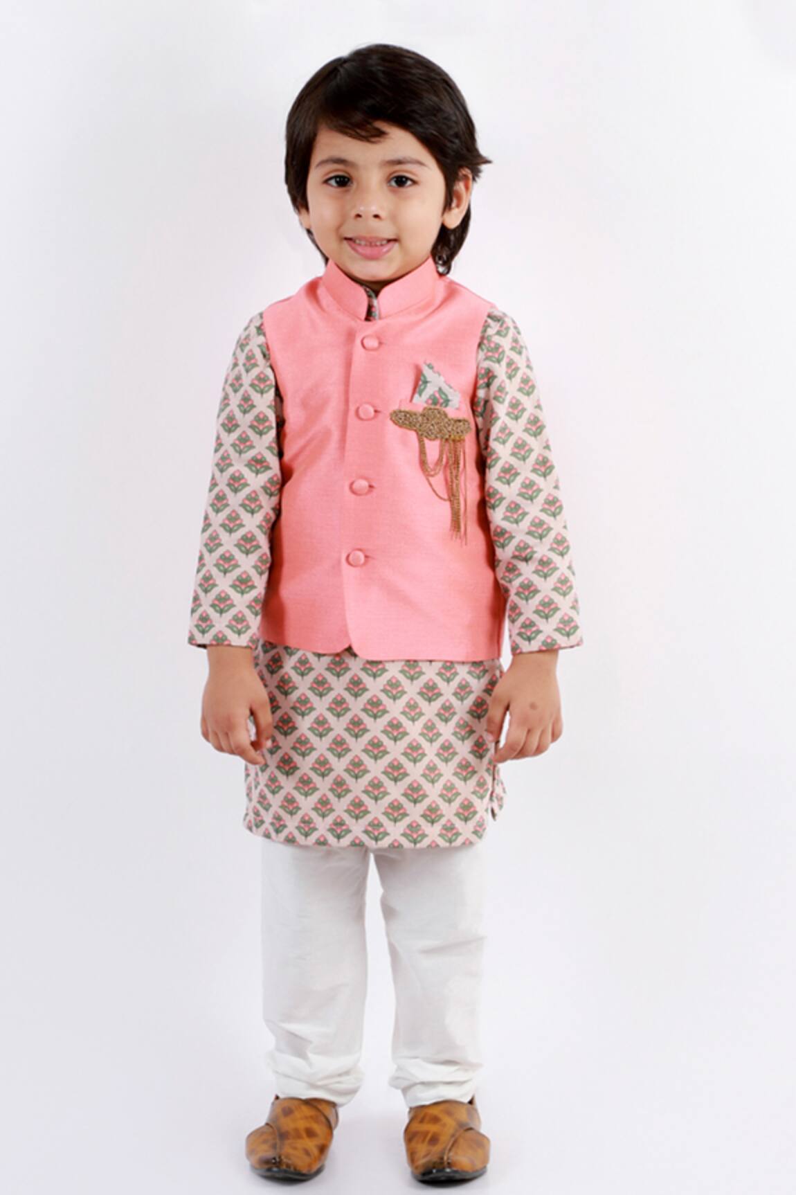 Lil Angels Peach Bundi & Floral Printed Kurta Set