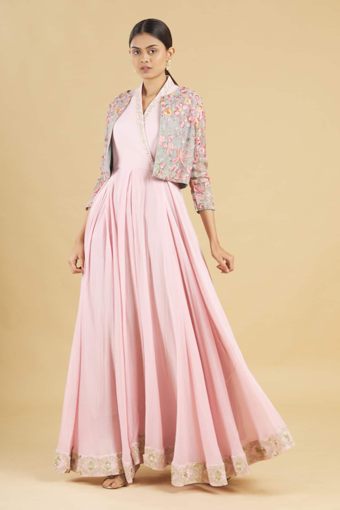 Rahul Singh Cotton Silk Gown with Embroidered Jacket