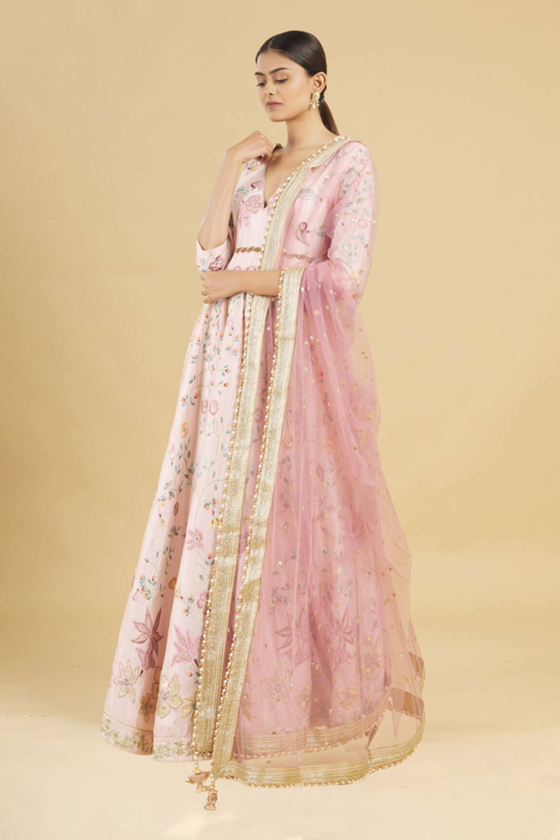 Rahul Singh Chanderi Silk Embroidered Anarkali with Dupatta