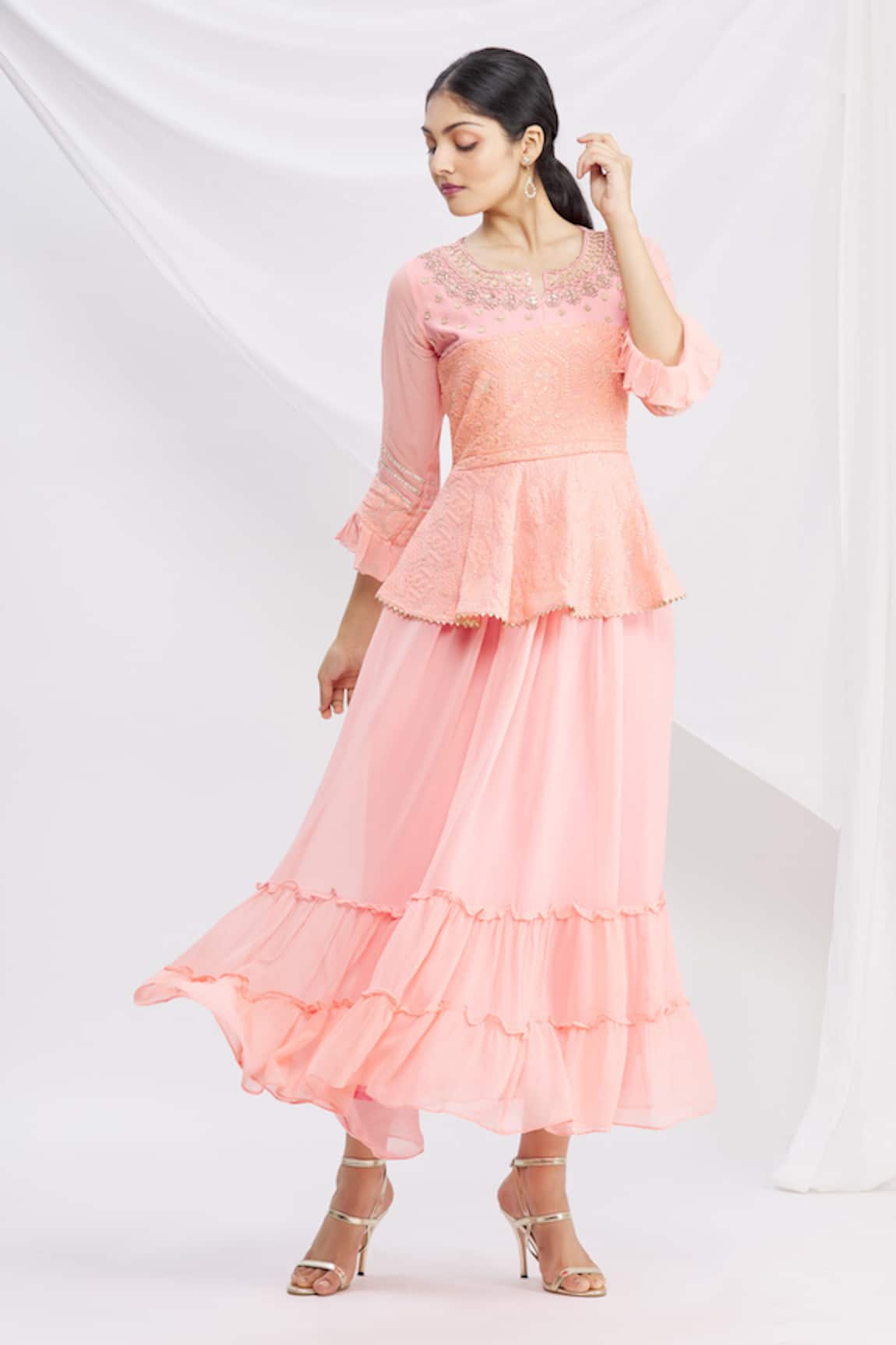 Khwaab By Sanjana Lakhani Floral Embroidered Peach Peplum Tunic 