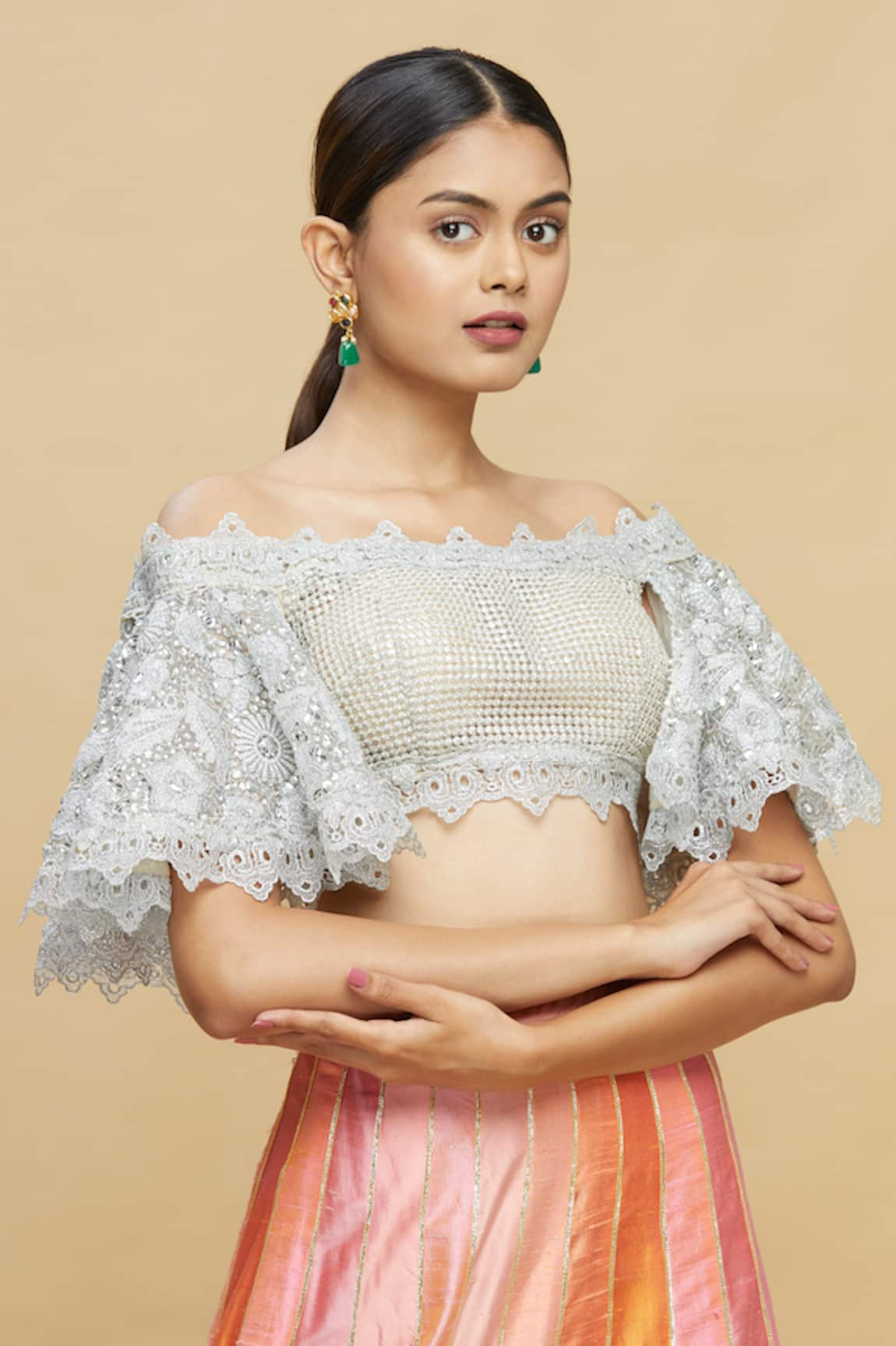 Pallavi Jaikishan Embroidered Off Shoulder Saree Blouse