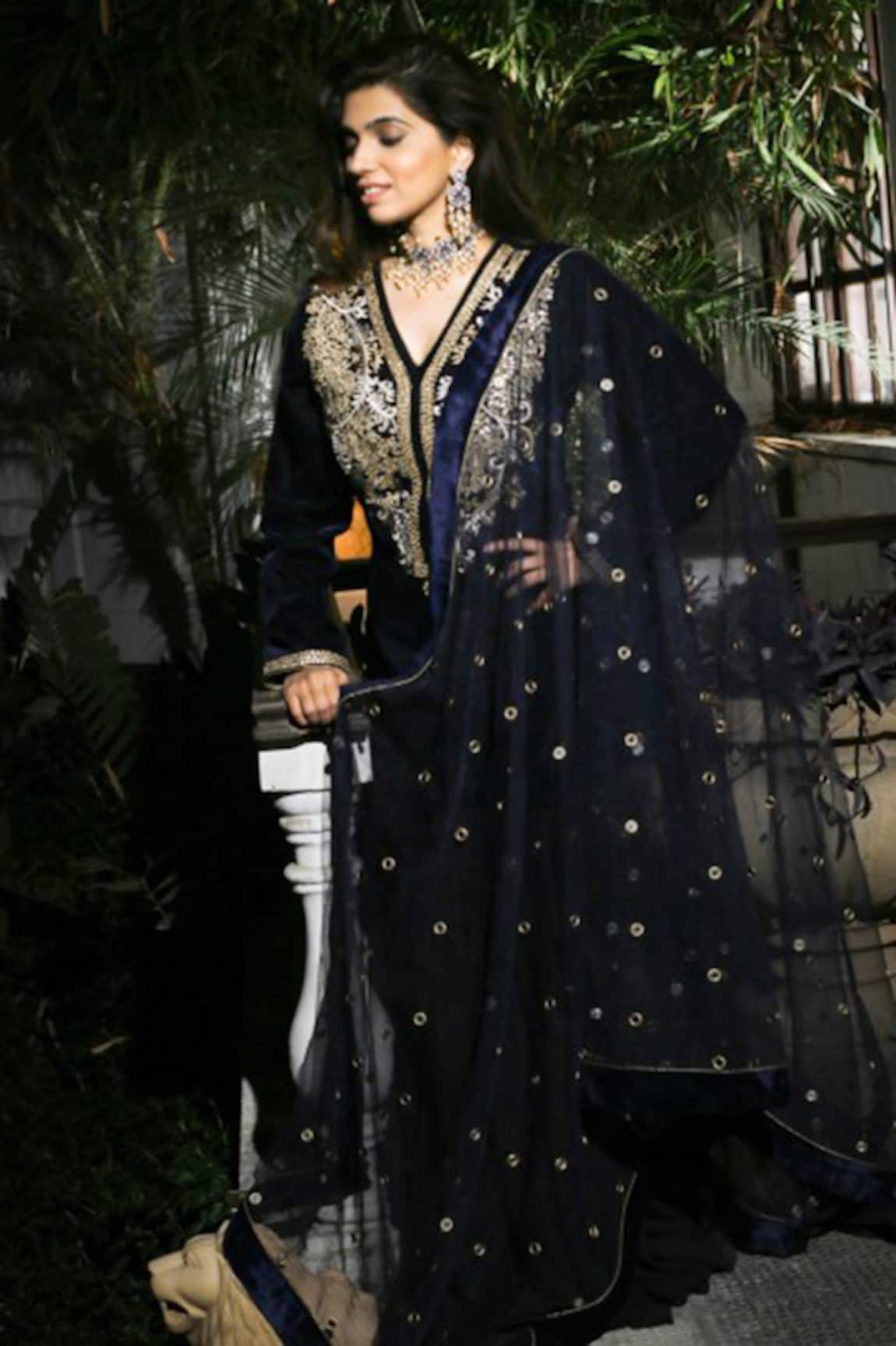 Reynu Taandon Velvet Embroidered Kurta Set