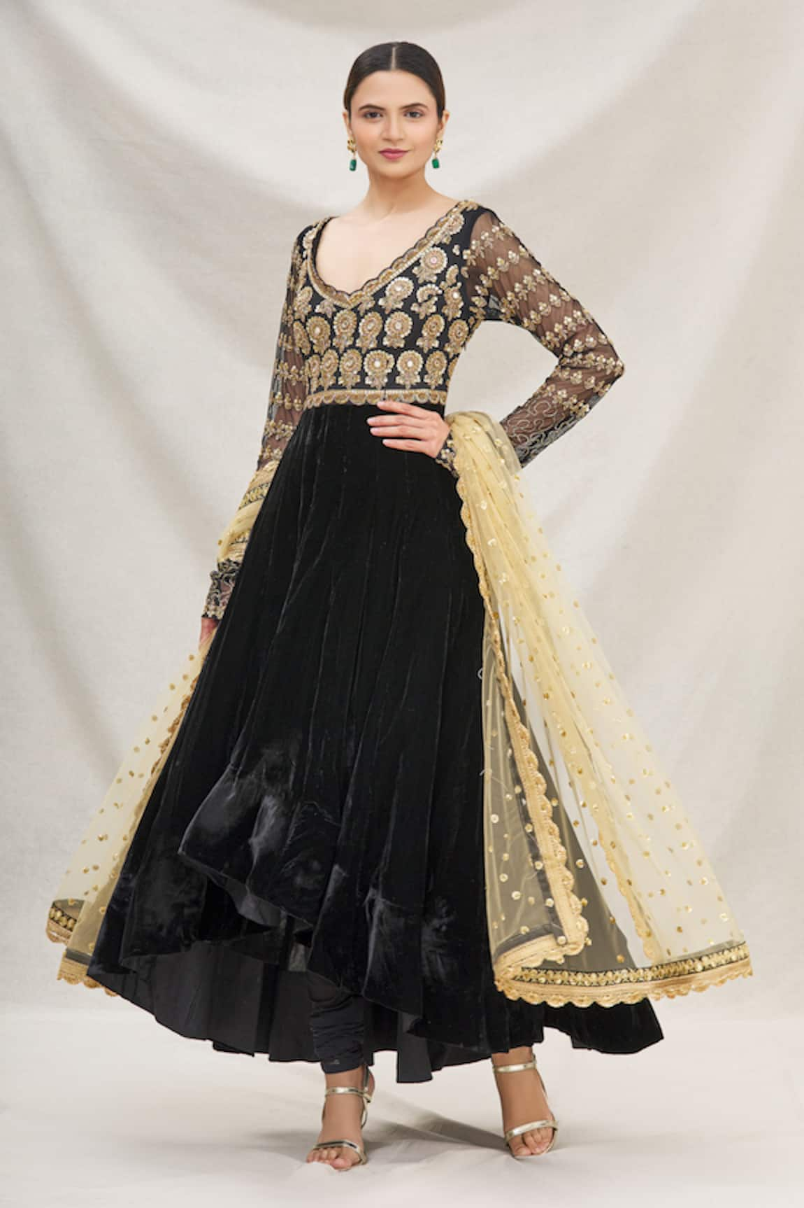 Neha Mehta Couture Velvet Asymmetric Anarkali Set