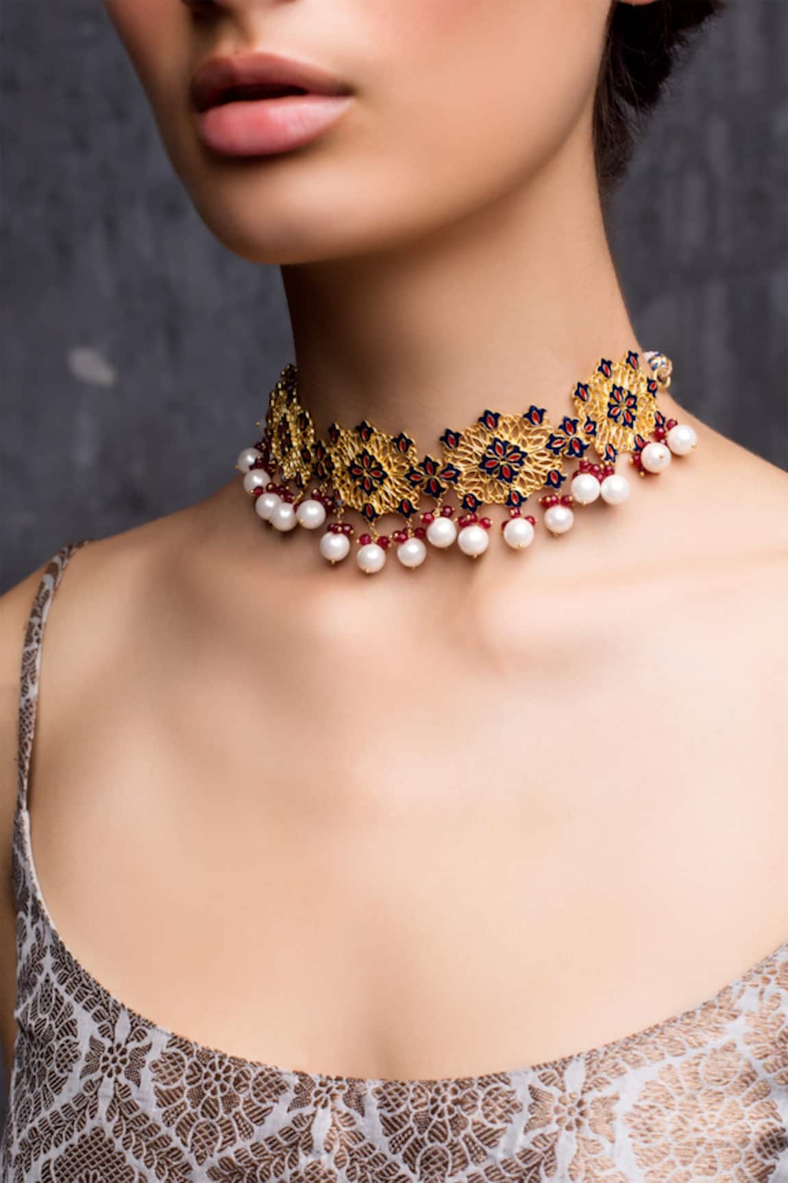Zariin Floral Enamel Bead Drop Choker 