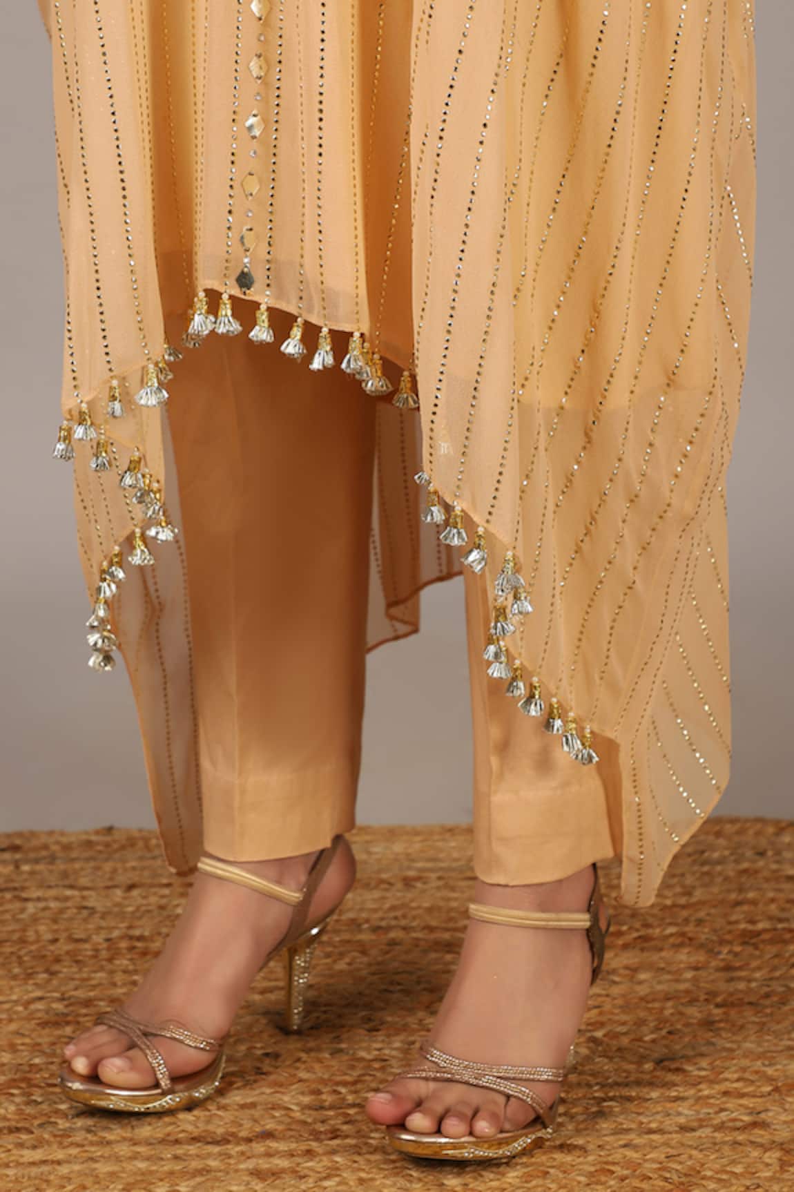 Golden yellow straight kurta with allover silver zari embroidery and   Kora India