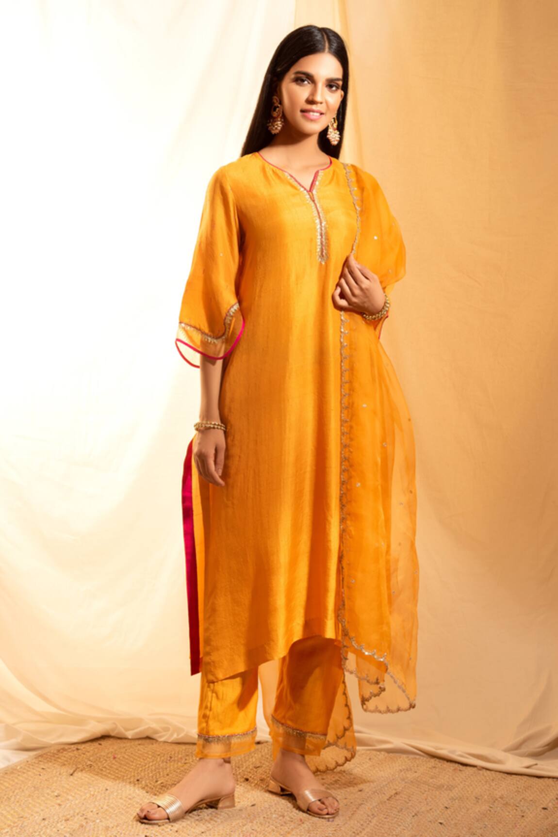 Priti Prashant Chanderi Asymmetric Kurta Set