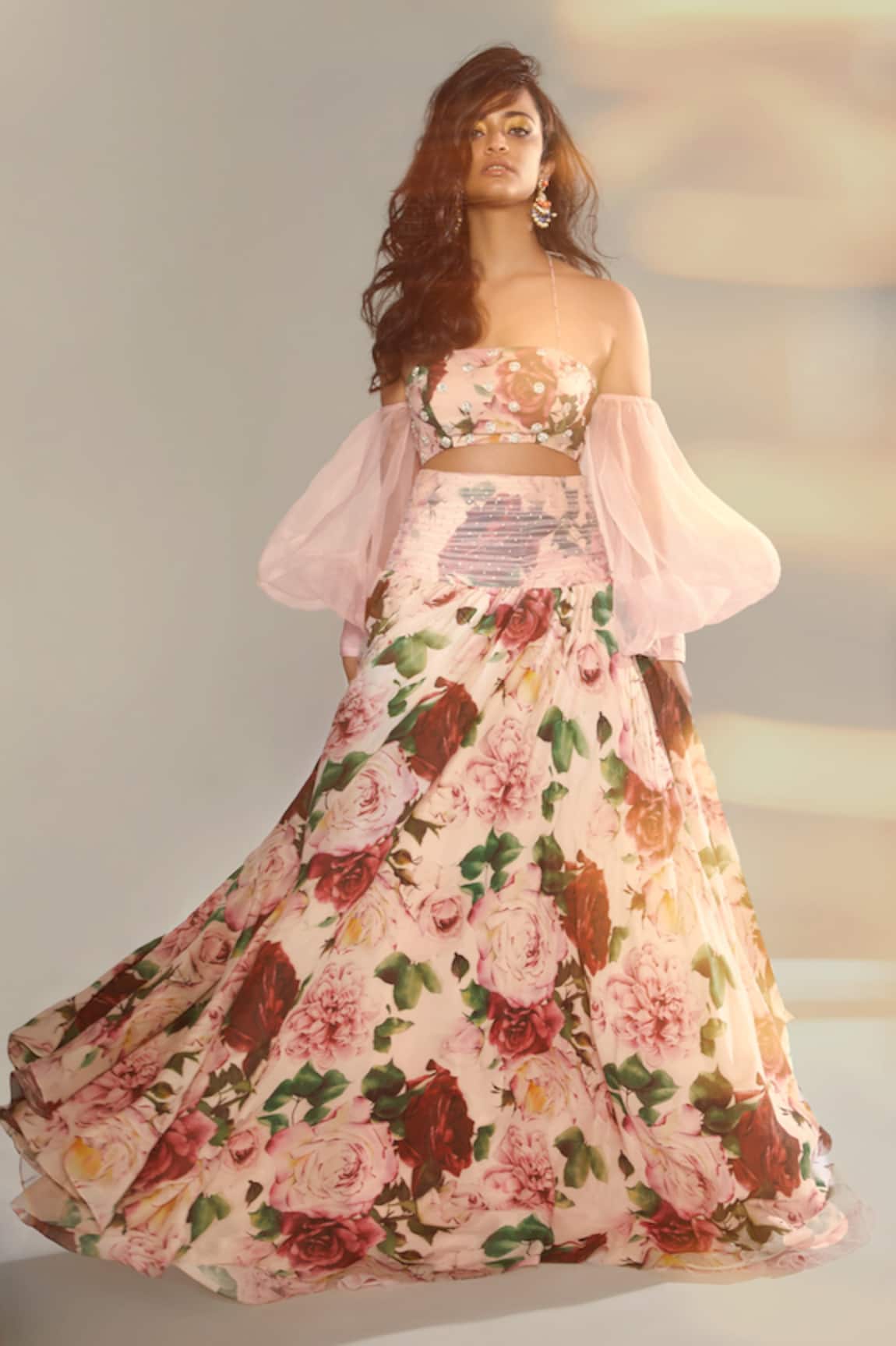 Shehlaa Khan Printed Off Shoulder Blouse & Lehenga Set