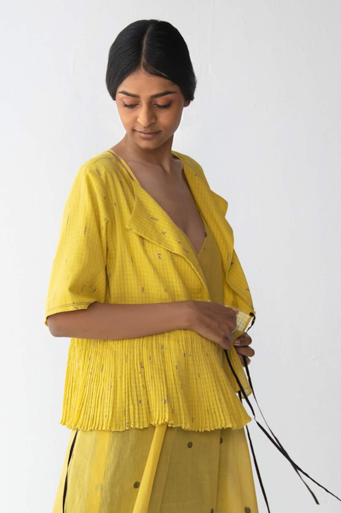 Urvashi Kaur Yellow Block Print Pleated Wrap Peplum Top