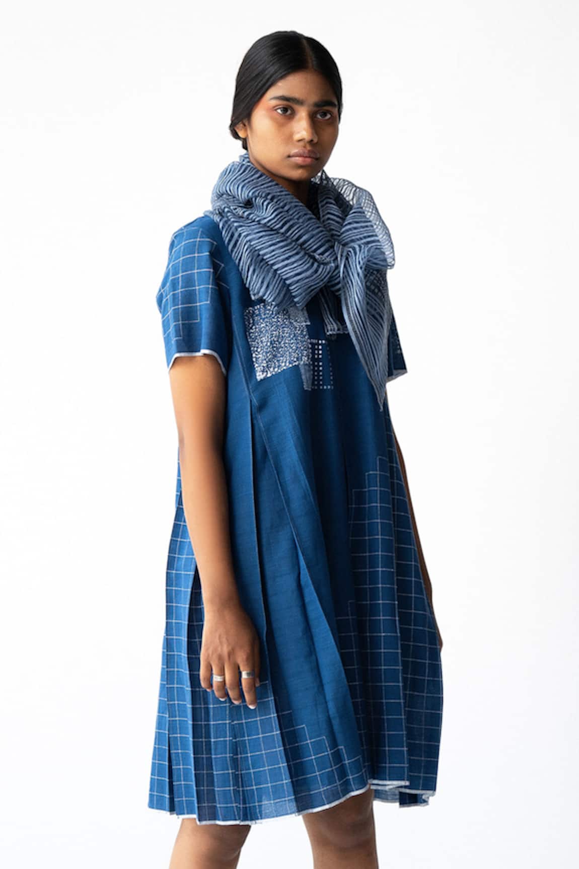 Urvashi Kaur Block Print & Checks Box Pleat Dress