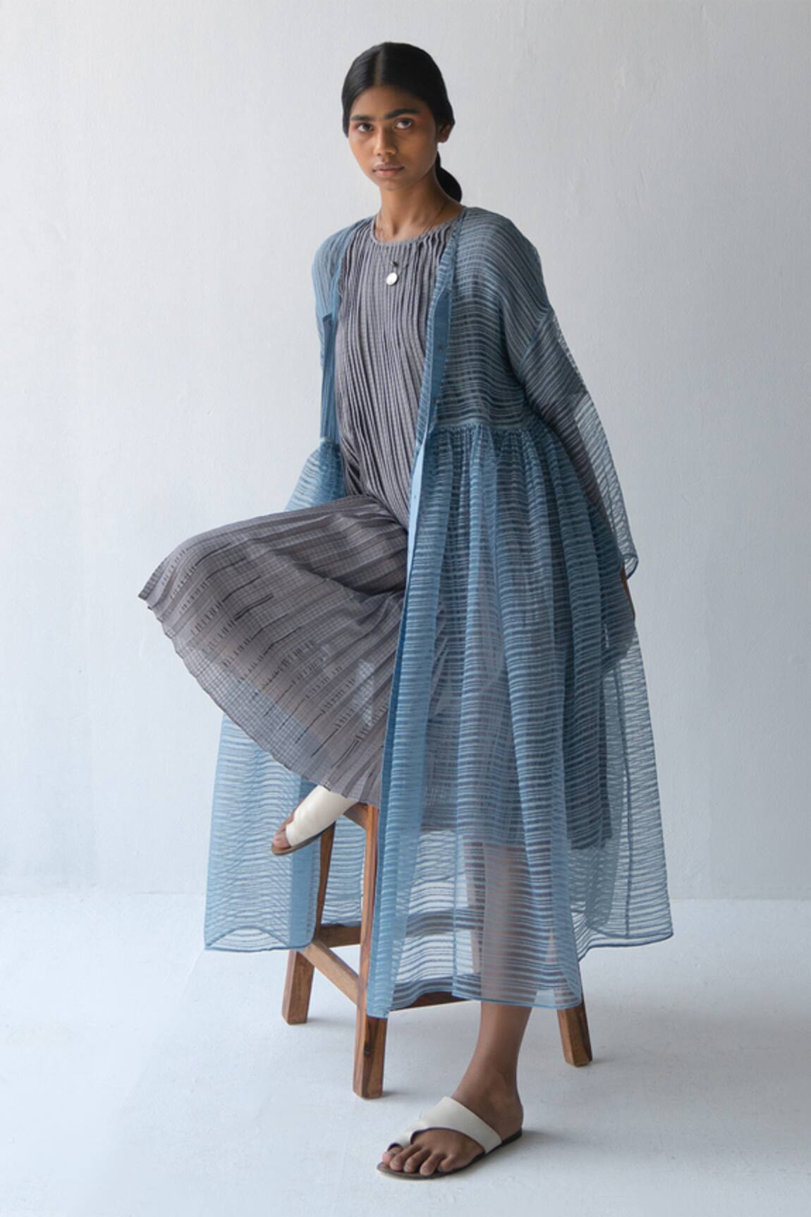 Urvashi Kaur Striped Linen Noil Overlay