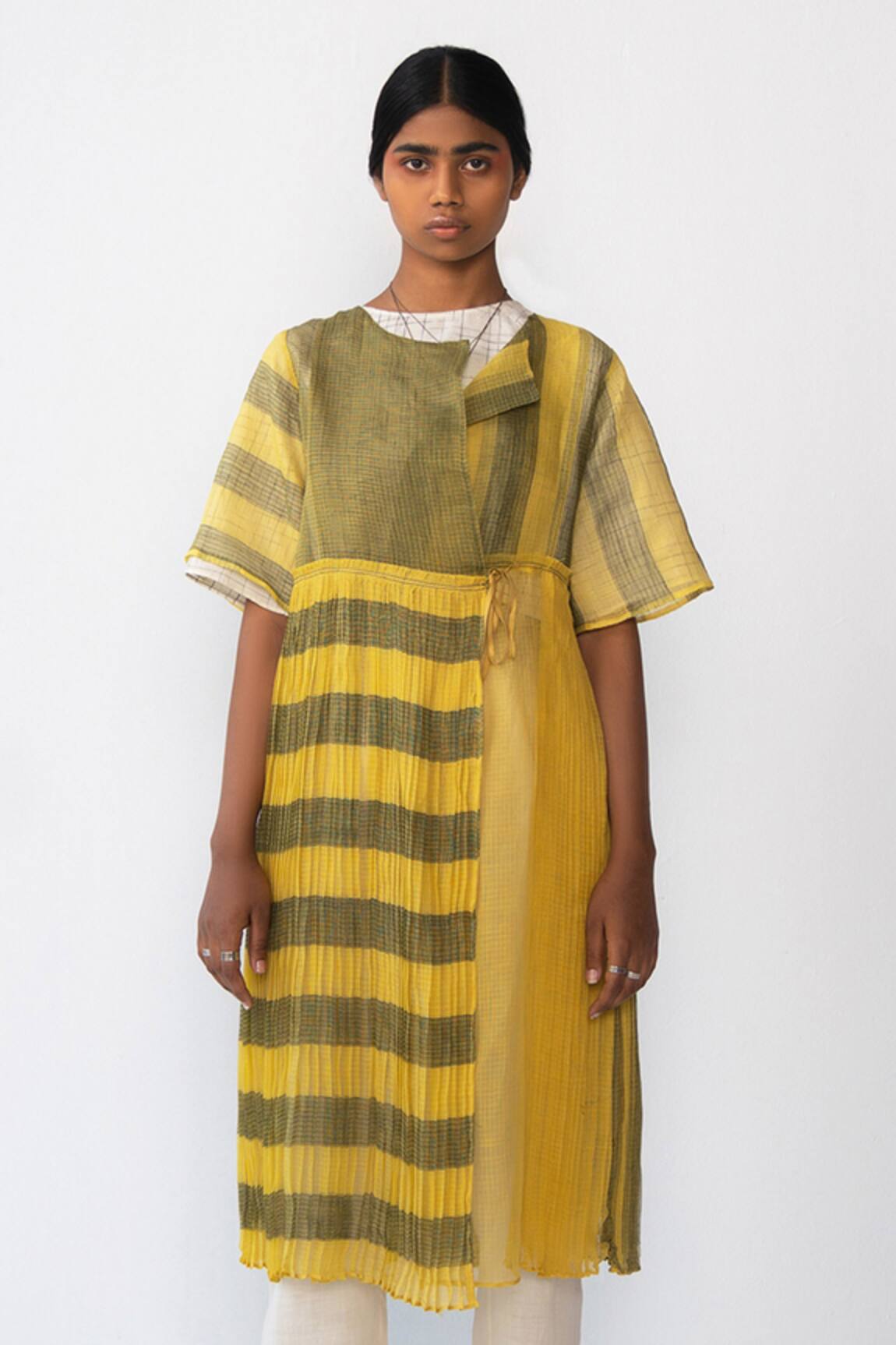 Urvashi Kaur Striped Micro Pleat Wrap Dress