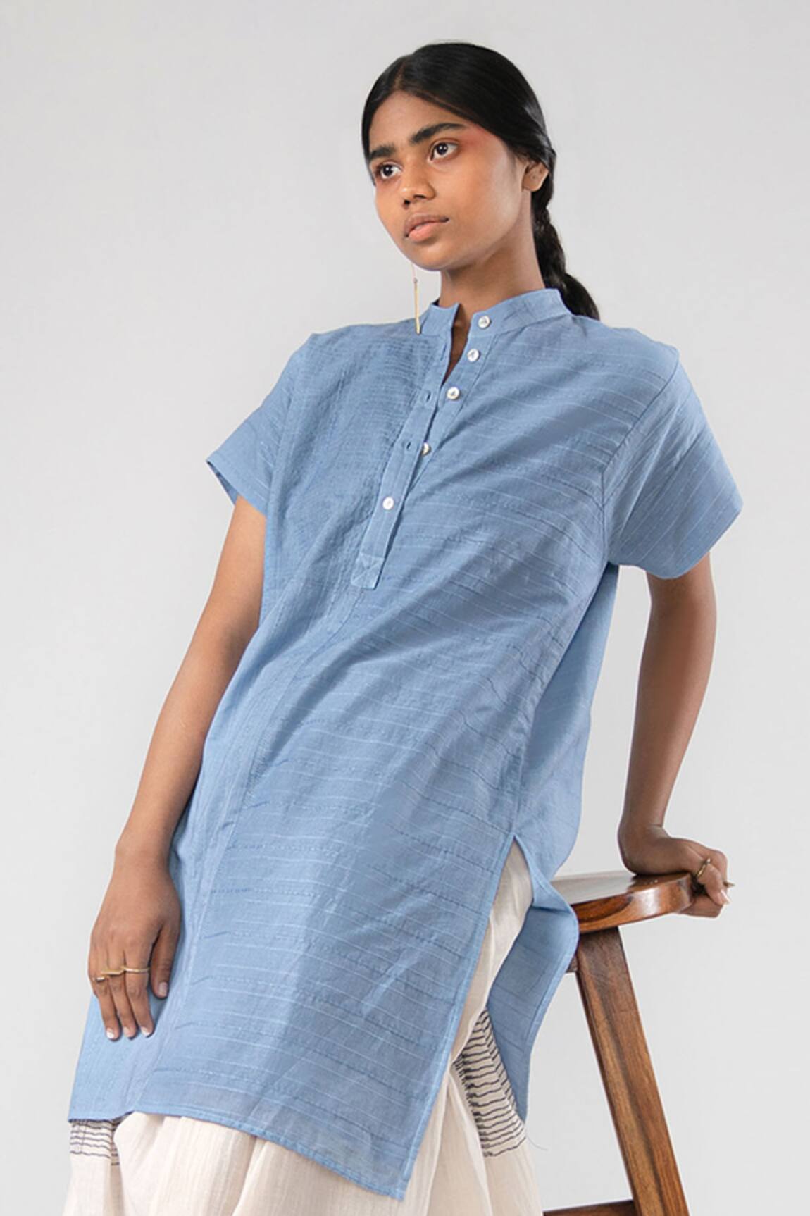 Urvashi Kaur Embroidered Striped Mandarin Collar Tunic