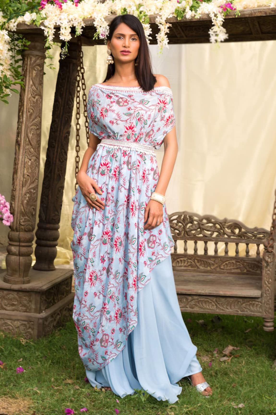 Chhavvi Aggarwal Floral Print One Shoulder Tunic & Palazzo Set