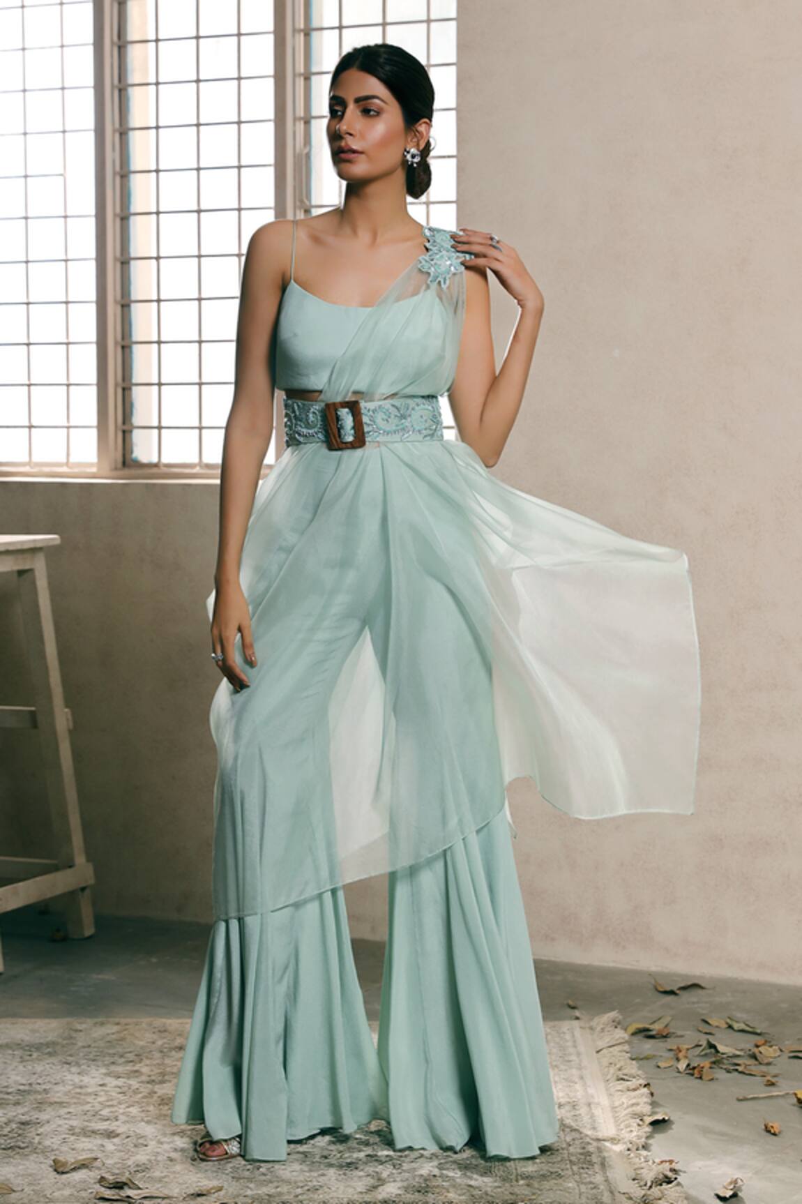 Dheeru Taneja One Shoulder Cape & Sharara Set 