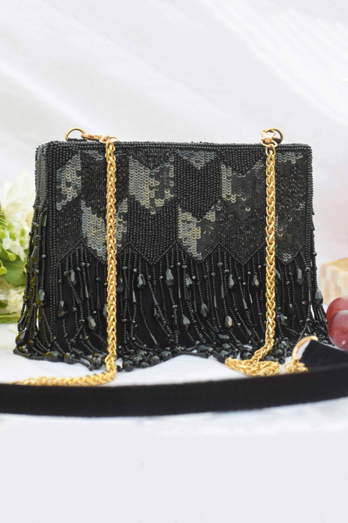 Eena Embroidered Black Box Clutch with Tassels