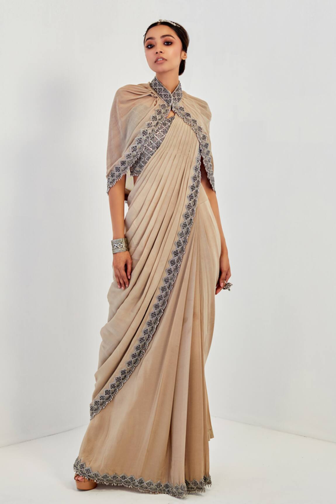 Rishi And Soujit Pre-Draped Saree & Cape Set 