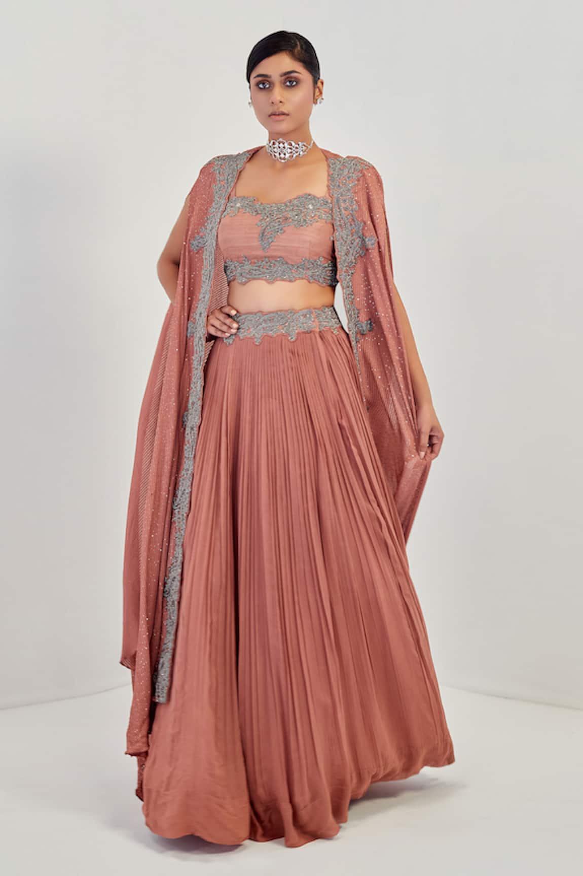 Rishi and Soujit Embroidered Cape & Lehenga Set 