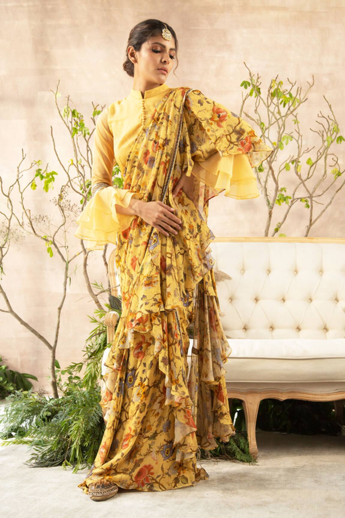 Kalista Printed Ruffle Pre-Draped Saree with Blouse