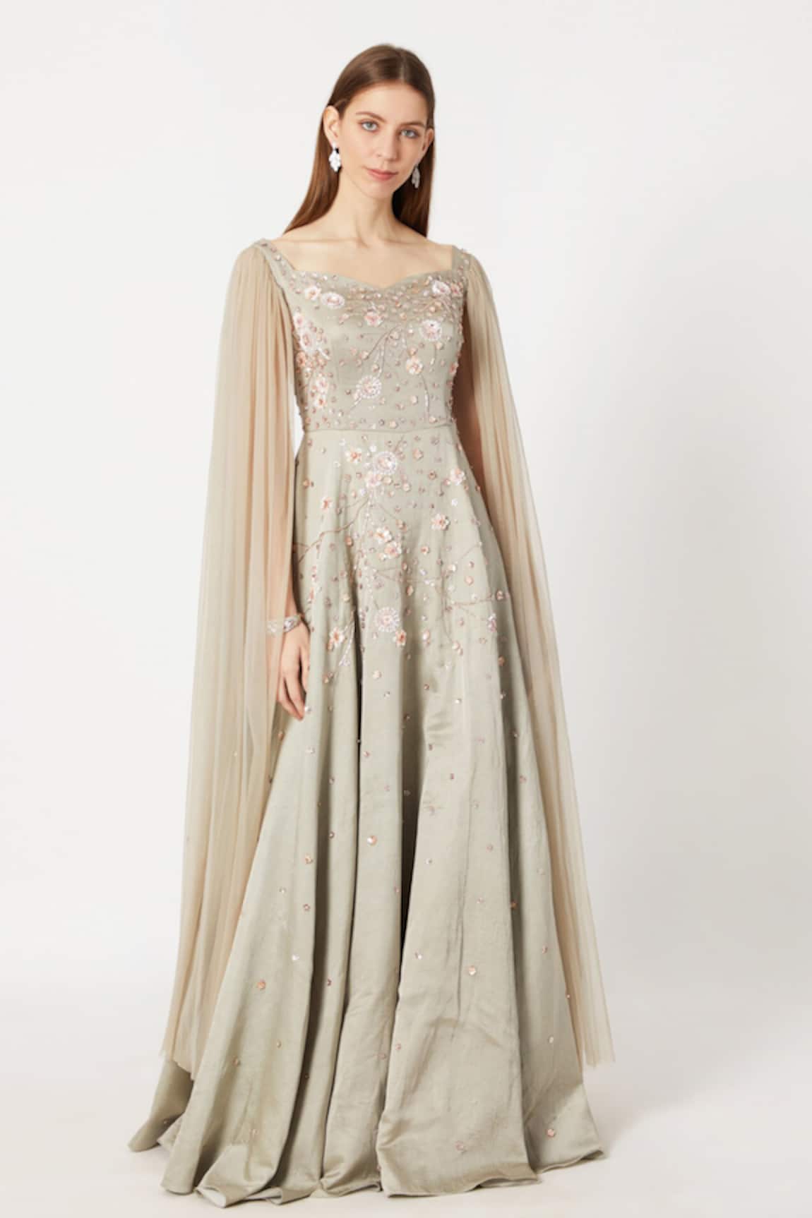 Masumi Mewawalla Embroidered Cape Sleeves Gown