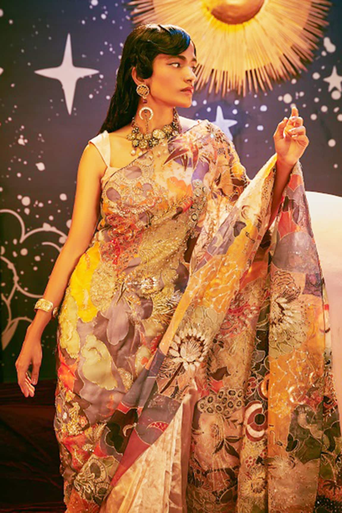 Aisha Rao Organza Embellished Saree with Blouse