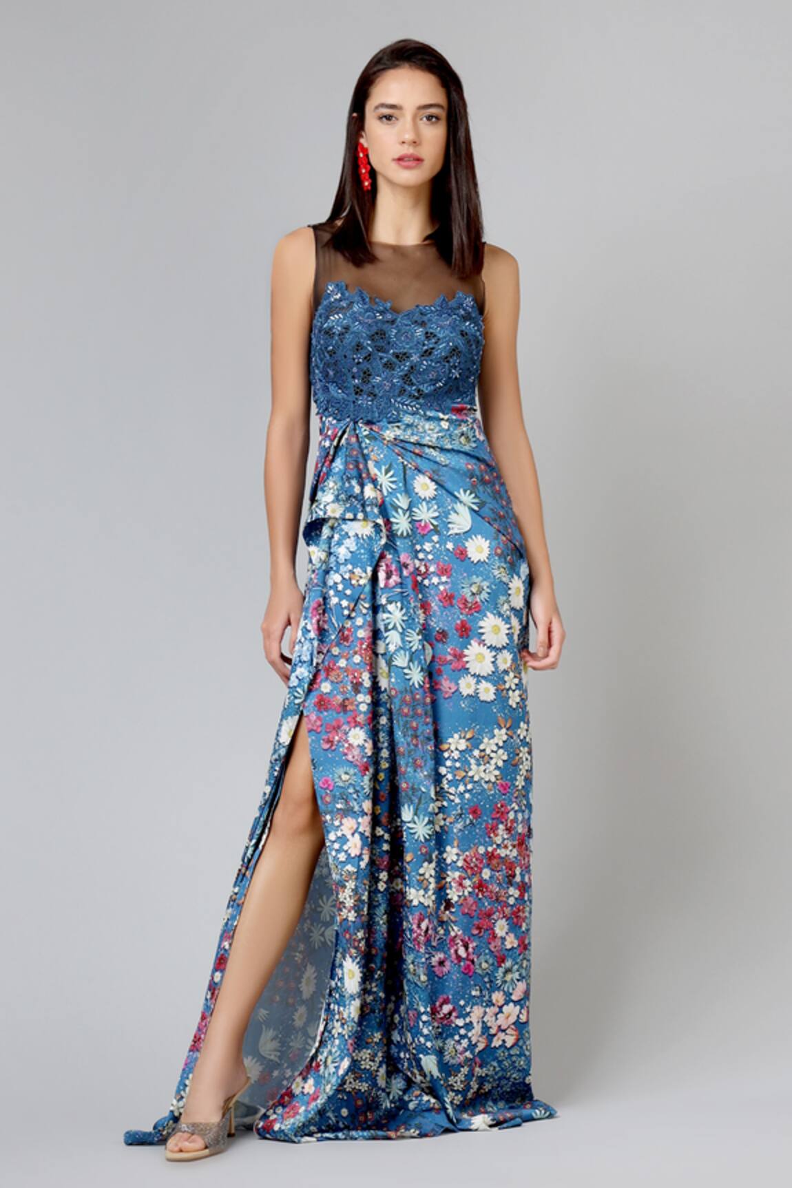 Geisha Designs Draped Floral Gown
