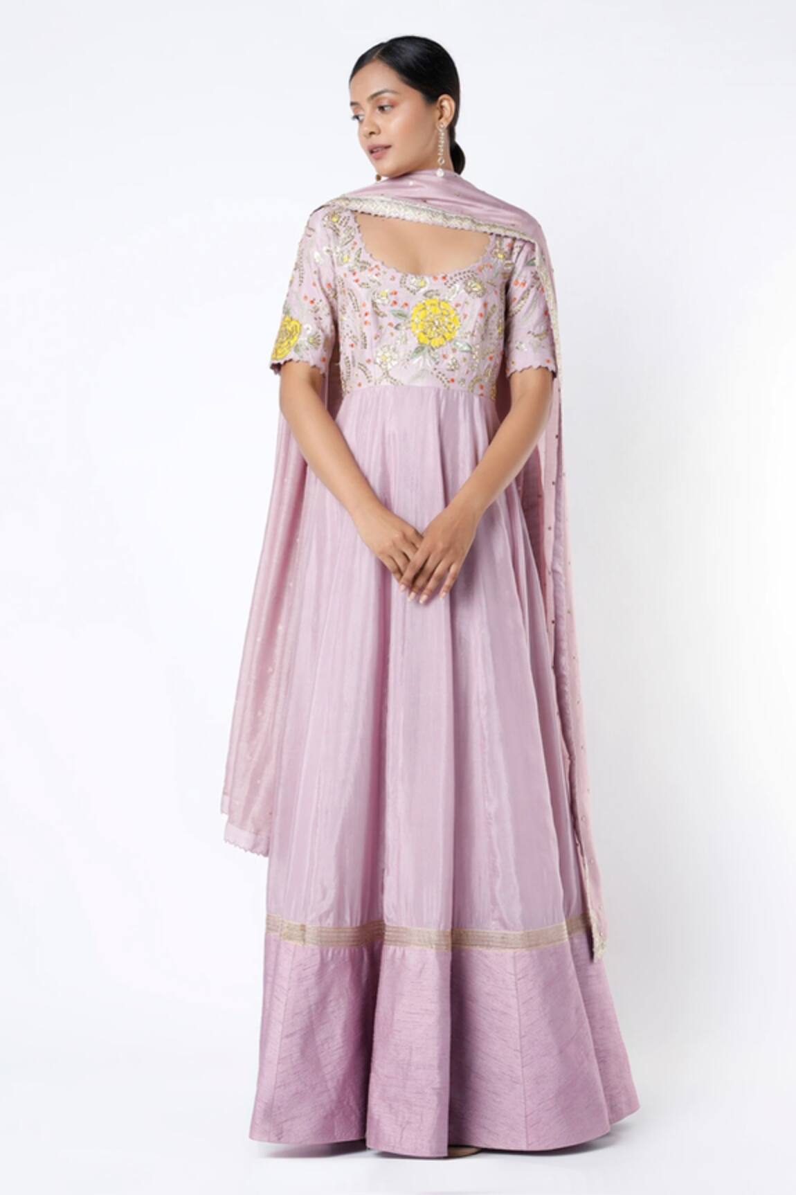 Blue Lotus Design Embroidered Anarkali with Dupatta