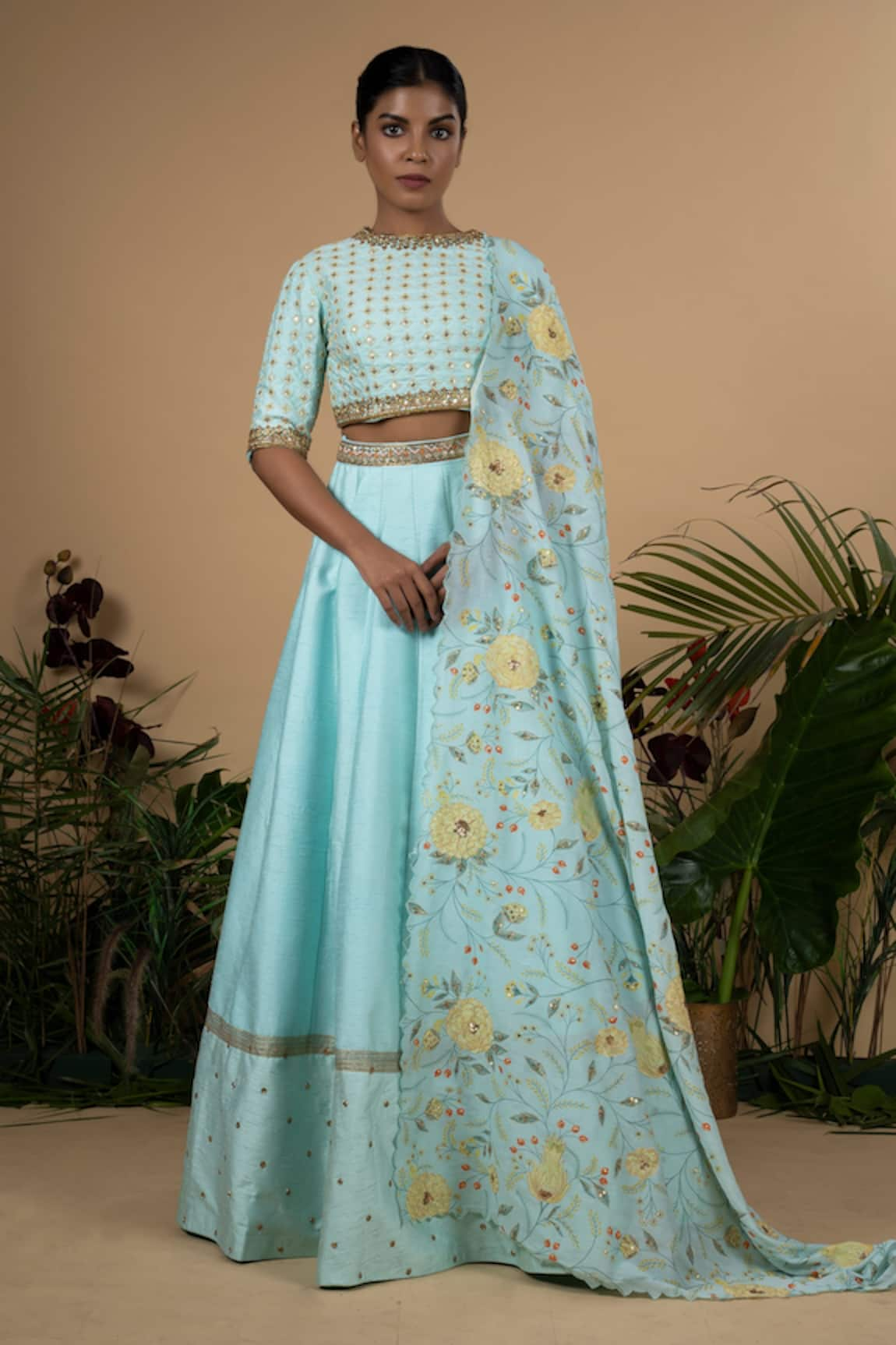 Blue Lotus Design Embroidered Raw Silk Lehenga Set