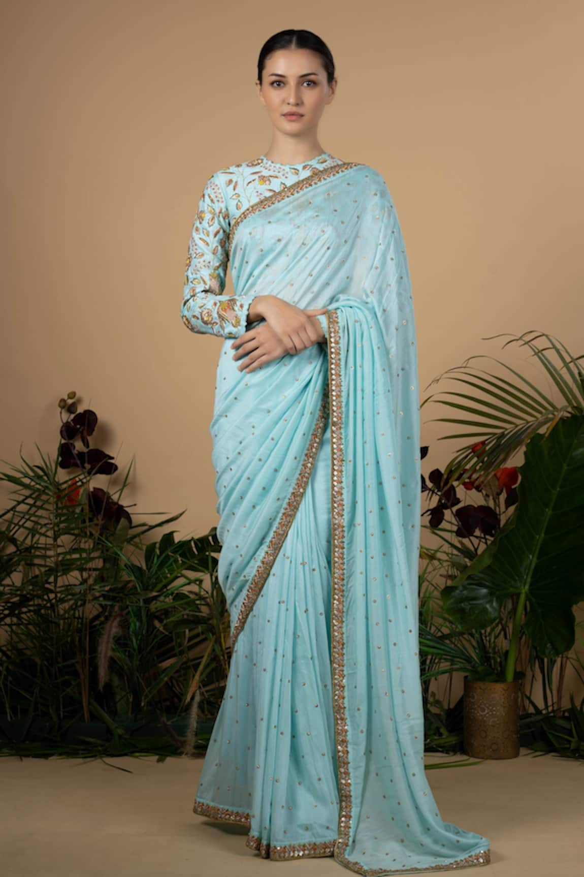 Blue Lotus Design Cotton Silk Saree With Blouse