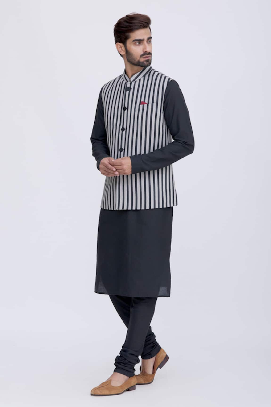 Manish Nagdeo Striped Bundi & Kurta Set