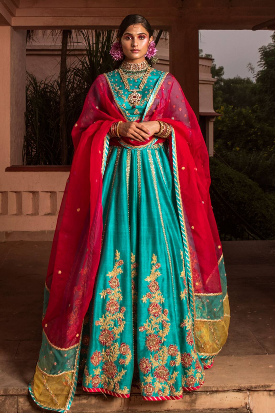 House of Dasmaya Raw Silk Bridal Lehenga Set & Panelled Dupatta