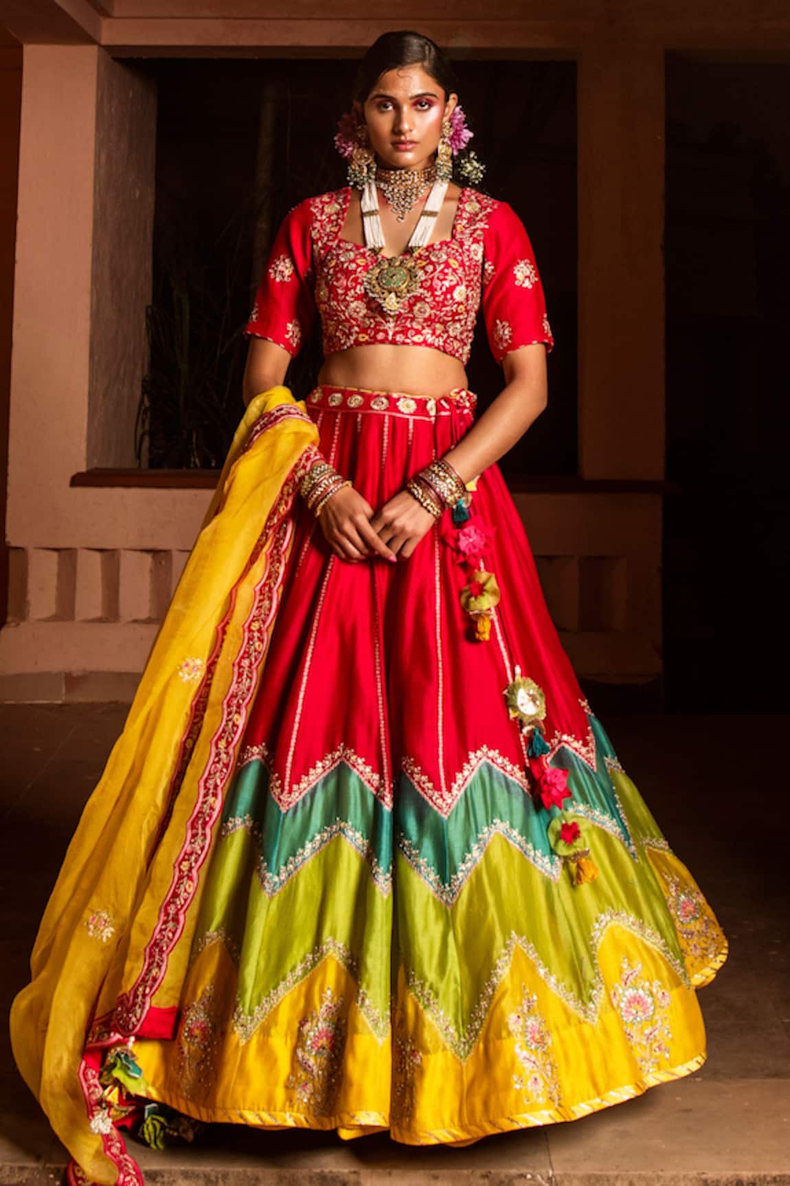 House of Dasmaya Silk Chanderi Color Block Lehenga Set