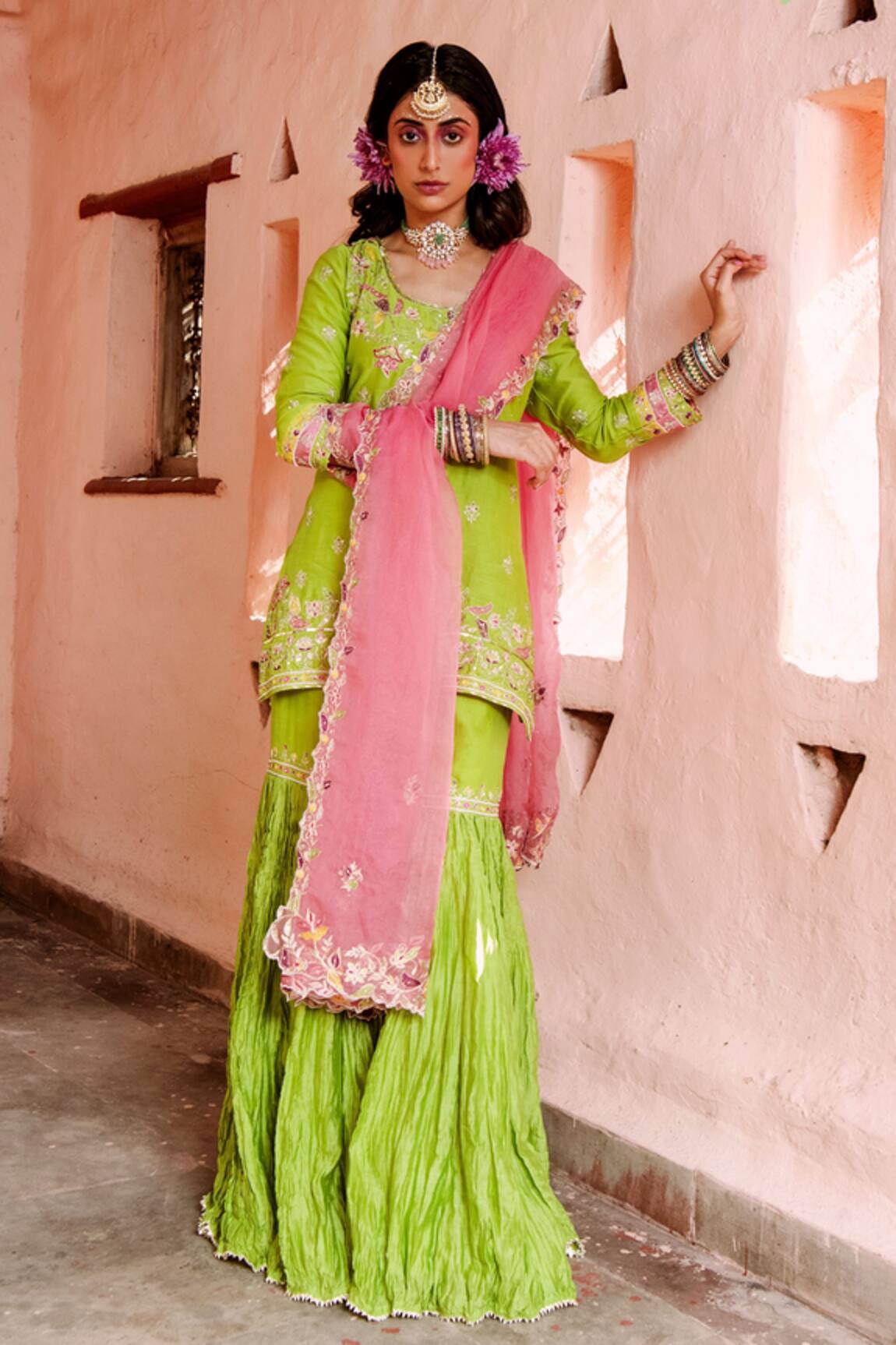 House of Dasmaya Embroidered Kurta With Crinkled Gharara Set