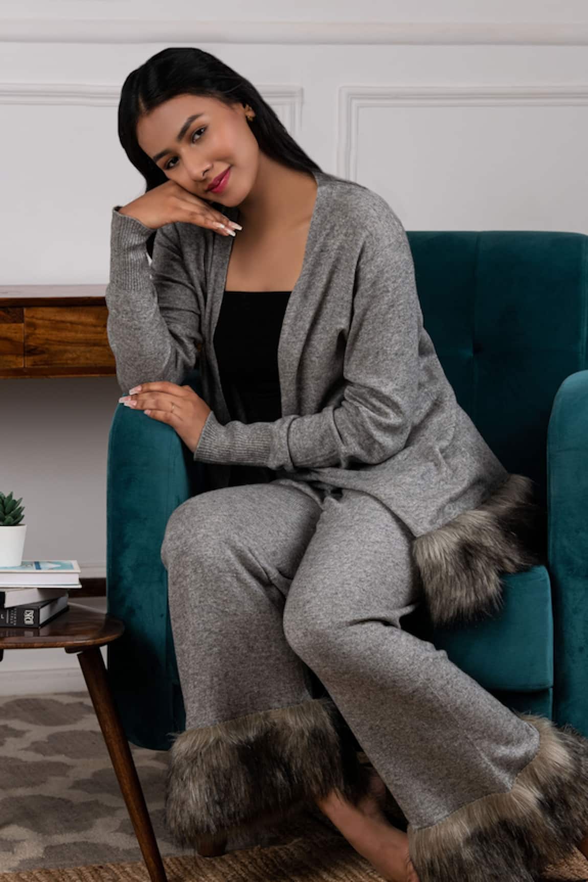 Rhe-Ana Faux Fur Cardigan & Pant Set 