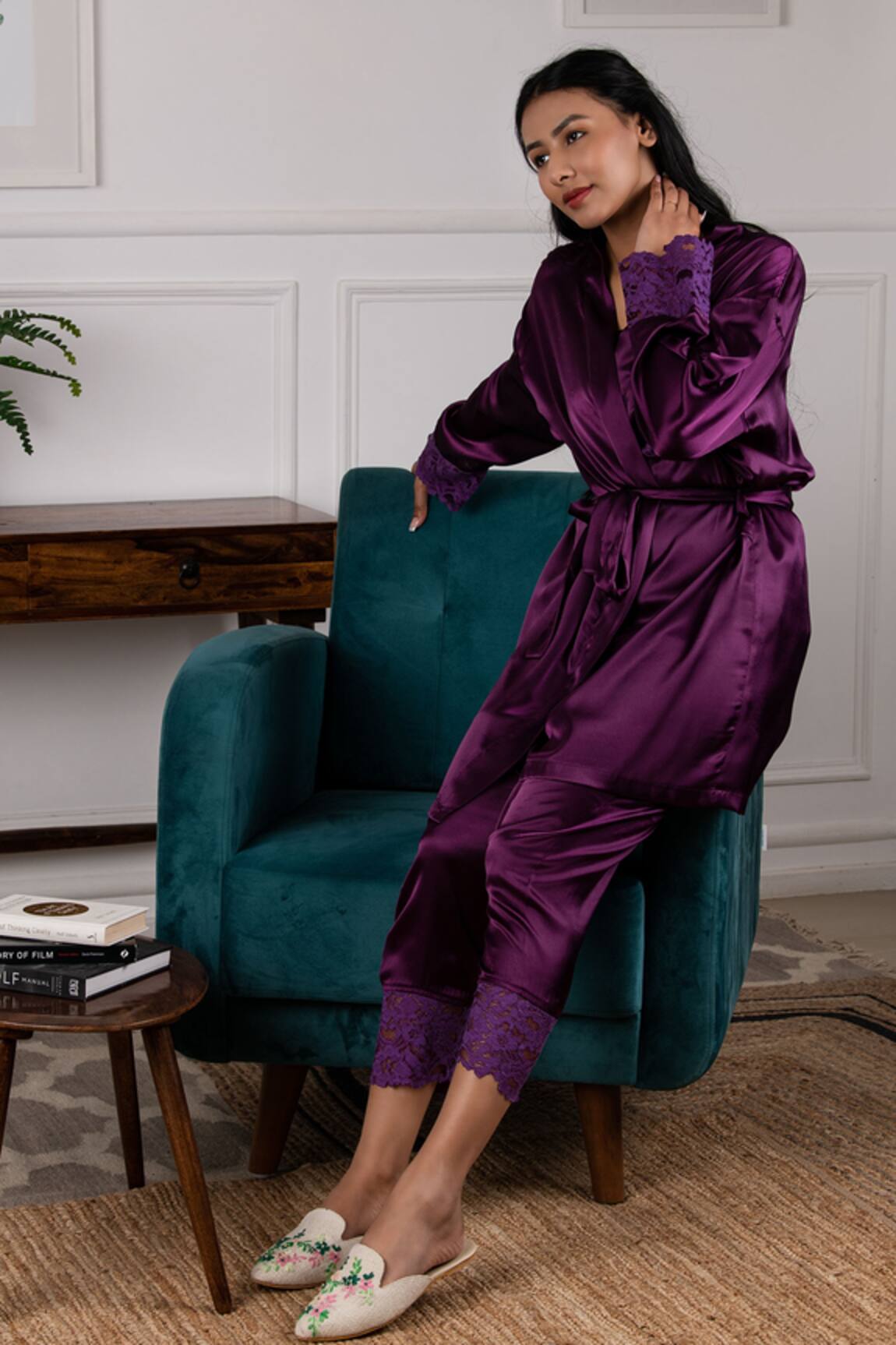Rhe-Ana Satin Robe & Pant Set 